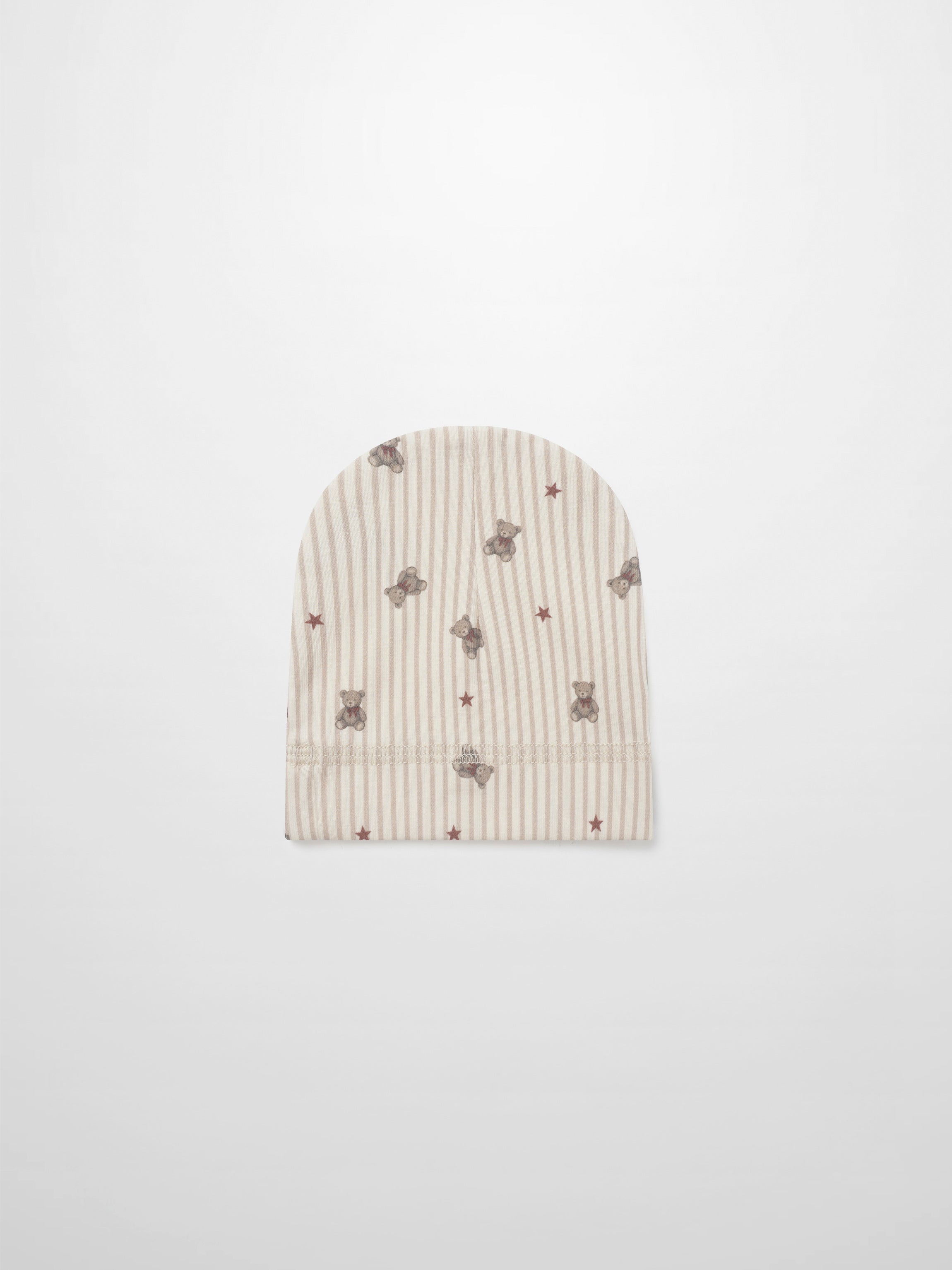 Striped Bear Hat - Red for girls, beige striped knit with teddy bears and red stars