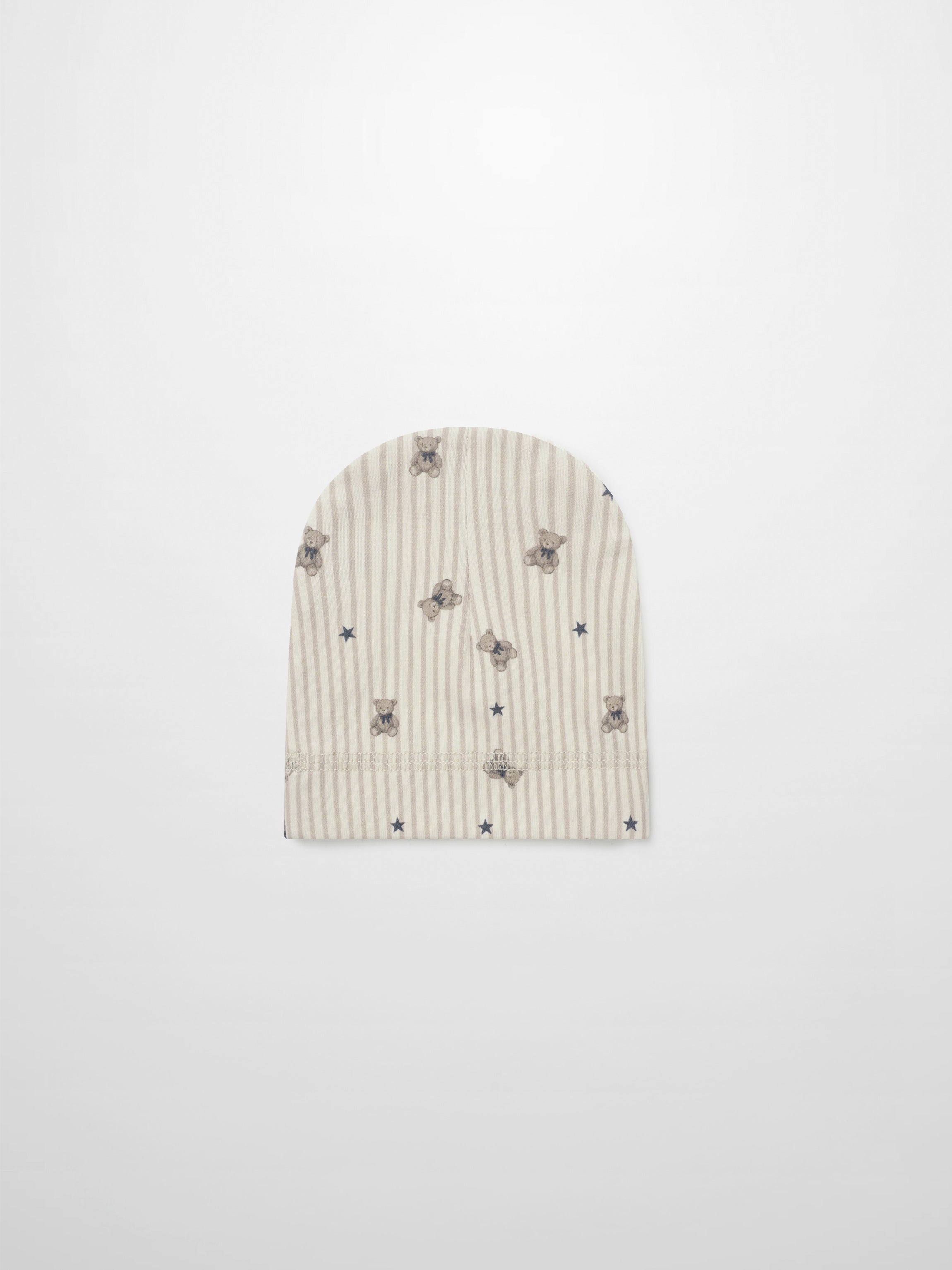 Striped bear hat for boys by Adee; beige striped knit with teddy bear prints and stars.