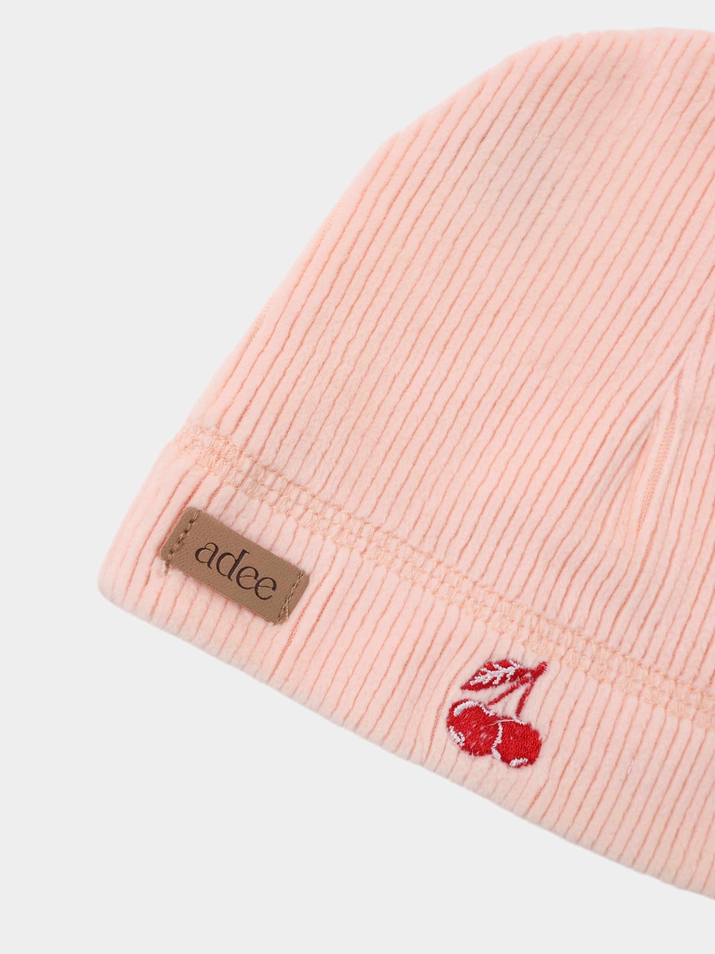 Embroidered Cherry Layette Set by Adee, pink corduroy fabric with cherry embroidery and brand patch