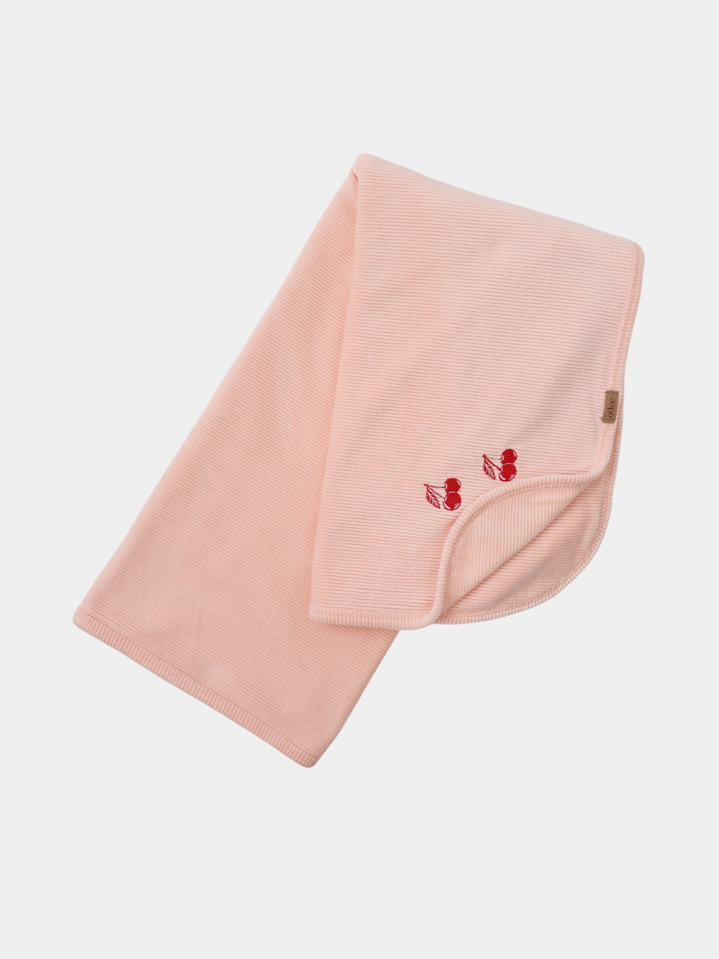Embroidered Cherry layette set by Adee in pink ribbed fabric with cherry embroidery and tag