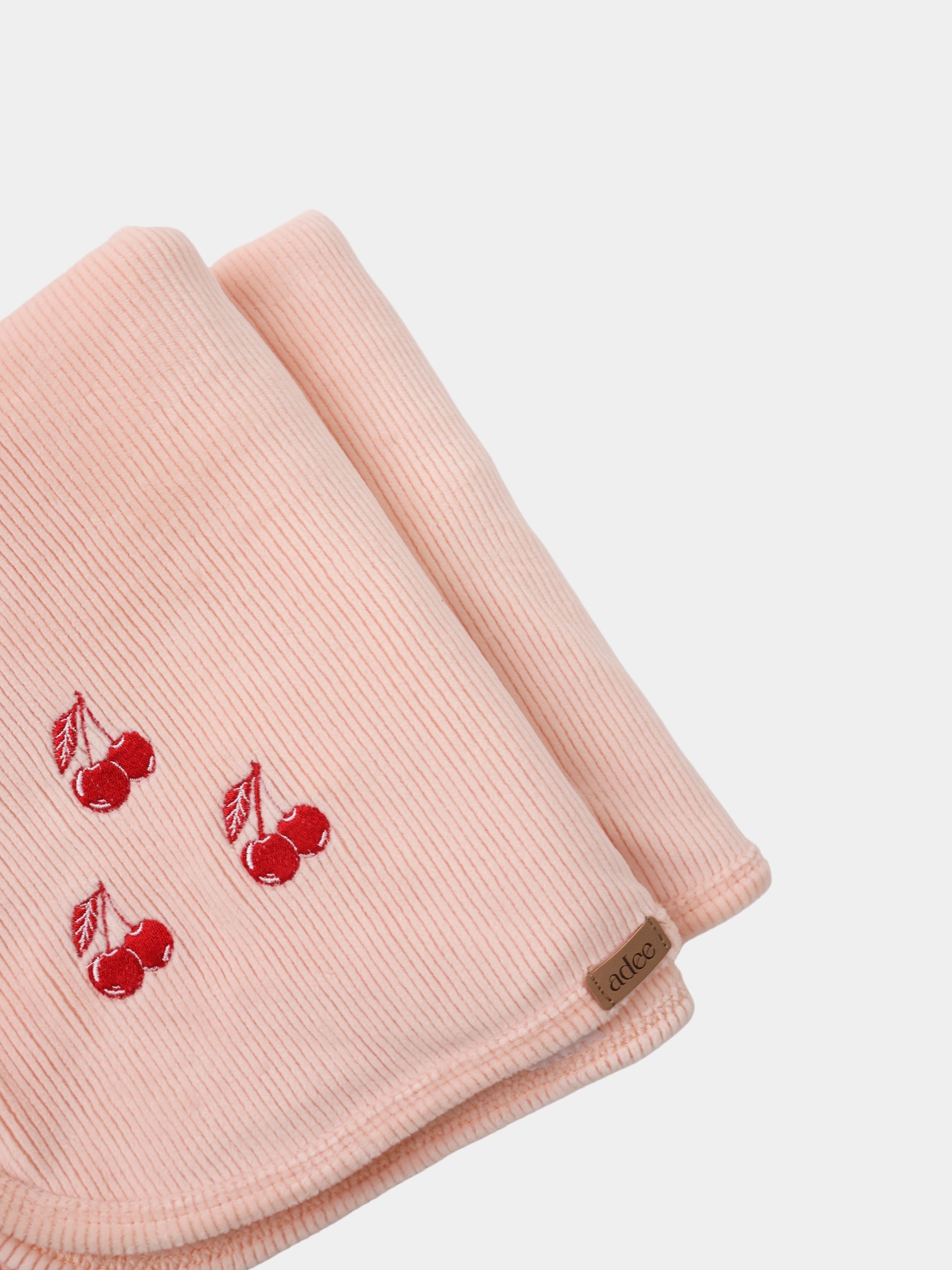 Adee Embroidered Cherry layette set for girls; soft pink ribbed fabric with red cherry embroidery.