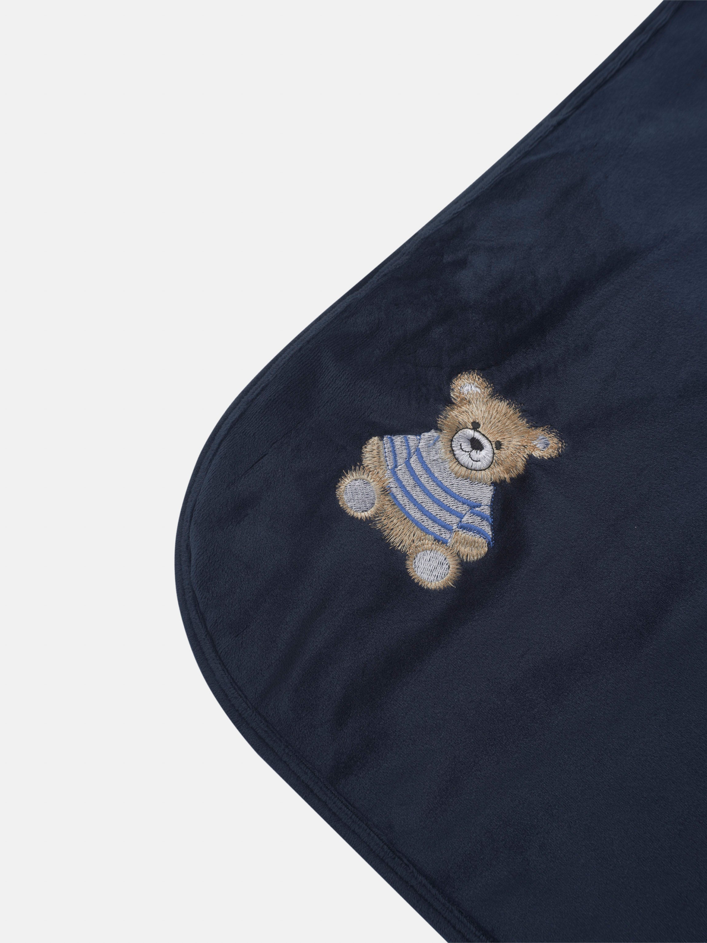 Embroidered Bear Navy layette set by Adee; navy velour fabric with bear embroidery