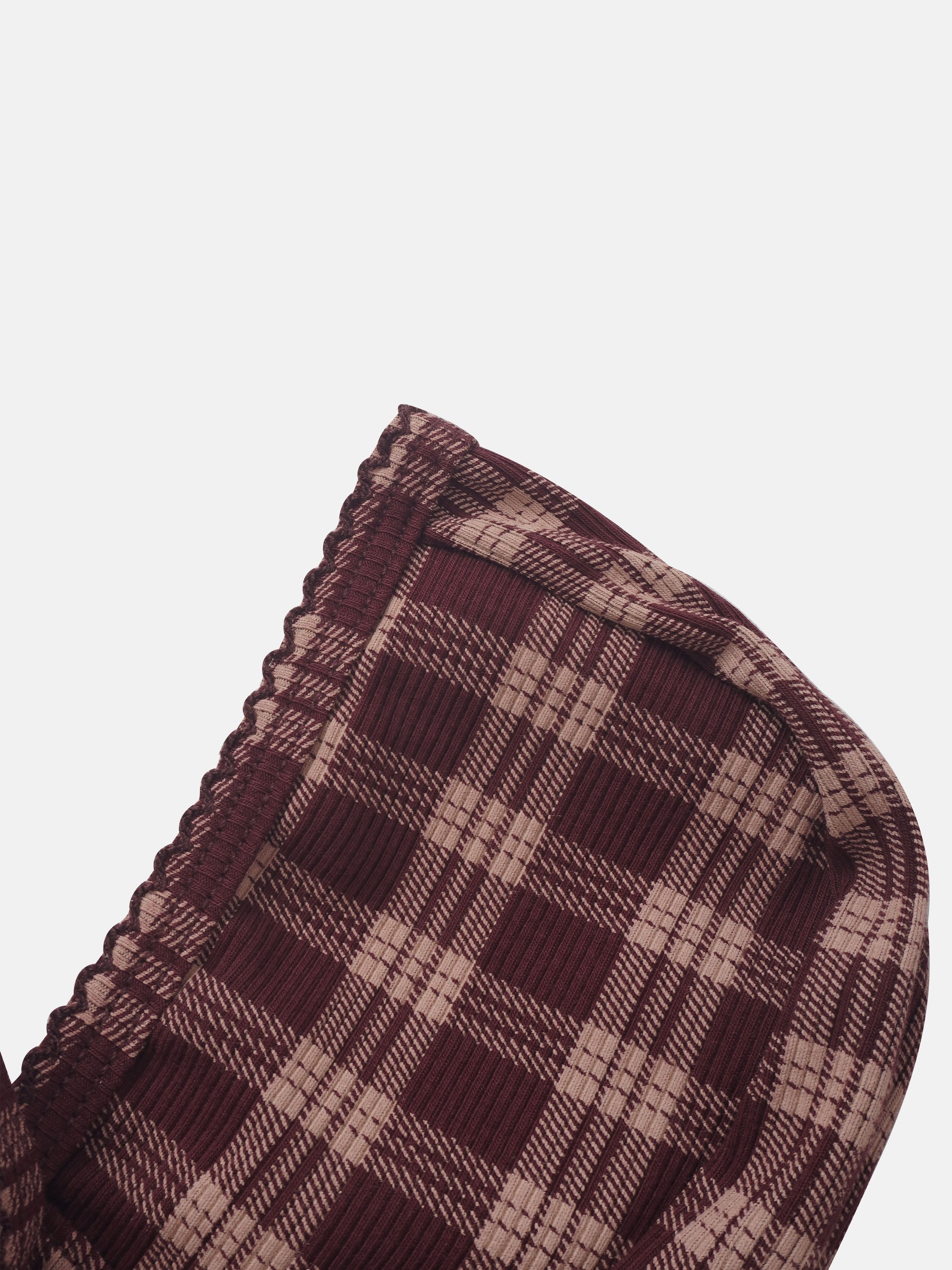 Adee Burgundy Plaid Layette Set; burgundy plaid fabric with beige accents and a ruffled edge
