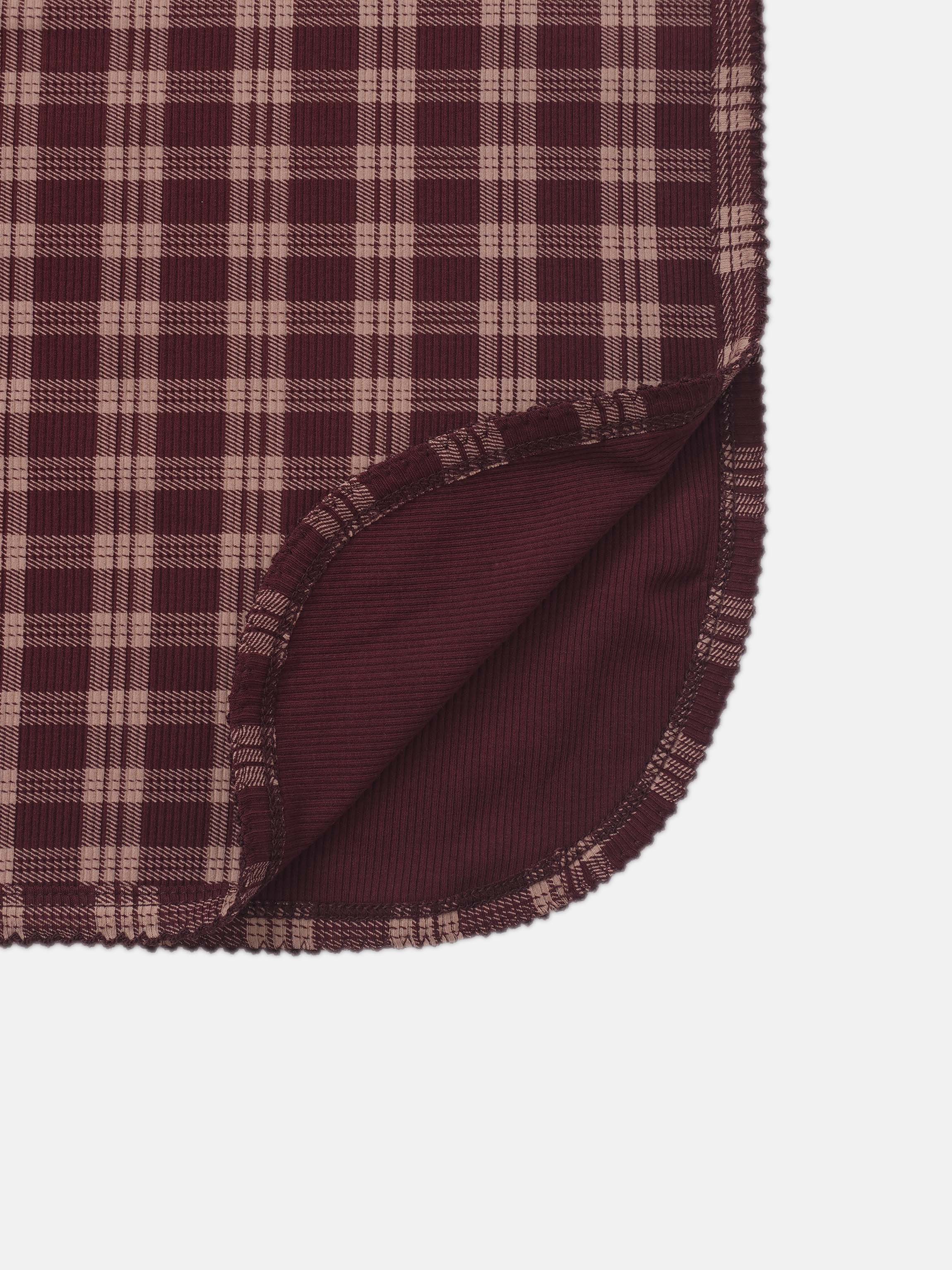 Girls burgundy plaid swaddle blanket with scalloped trim