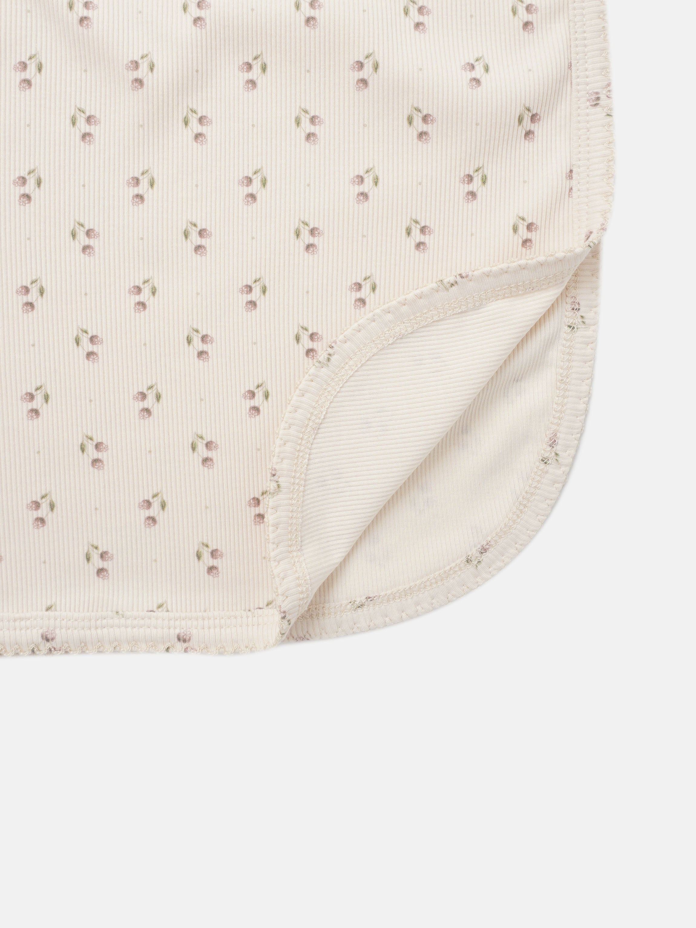 Tiny Tulip layette set for girls by Adee; pale pink fabric with small floral print and ribbed trim.