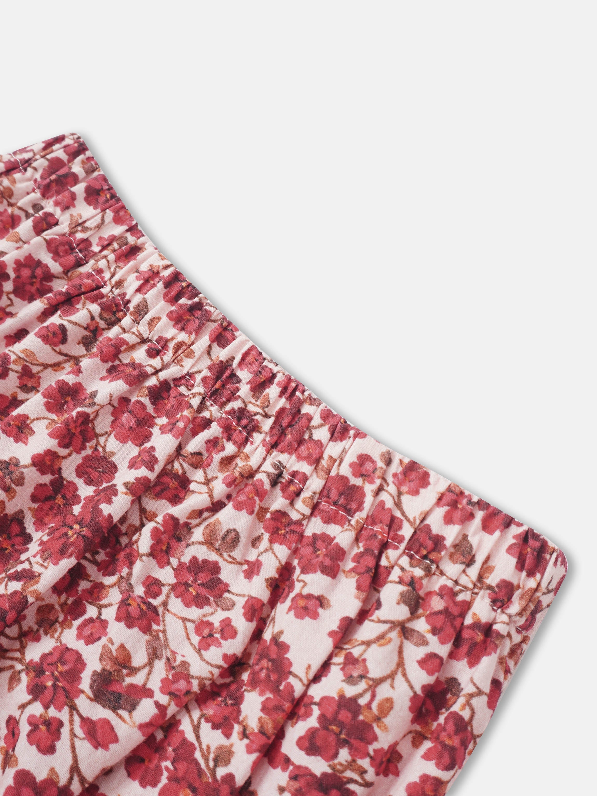 Red Flower Shirt & Bloomers Set for little girls; pink floral fabric with dense red blossoms