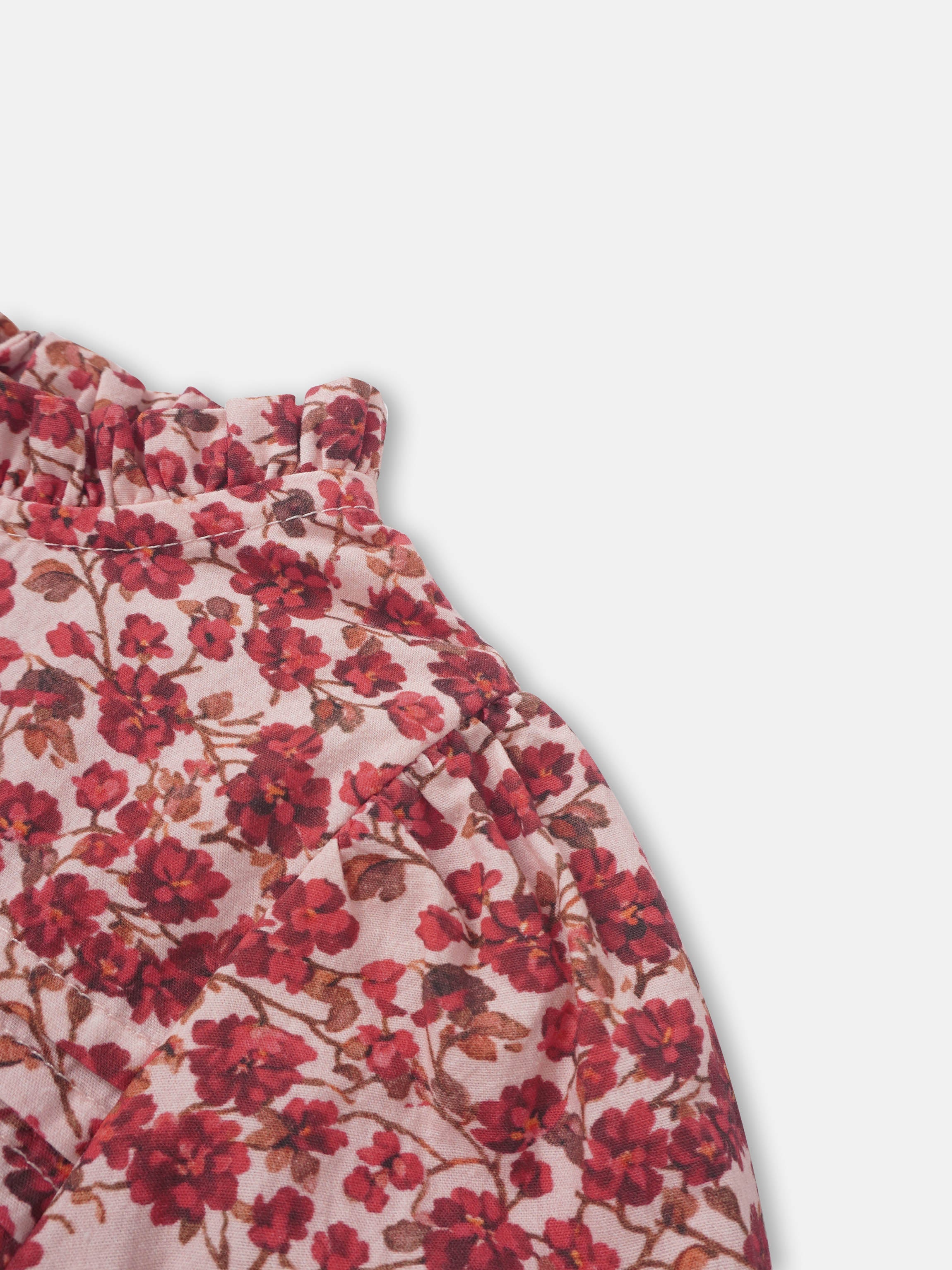 Red Flower Shirt & Bloomers Set for little girls by Adee, pink floral print fabric.