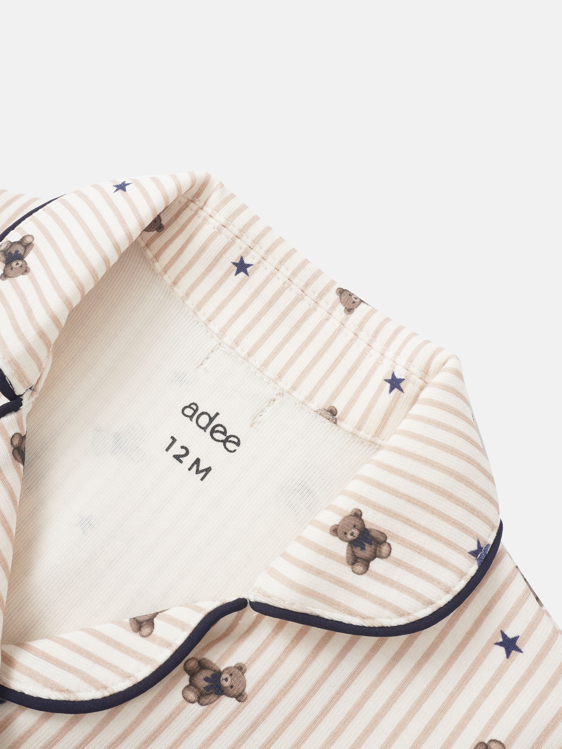 Striped bear pajamas for boys by Adee, beige-white stripes with blue stars and brown bears, 12M