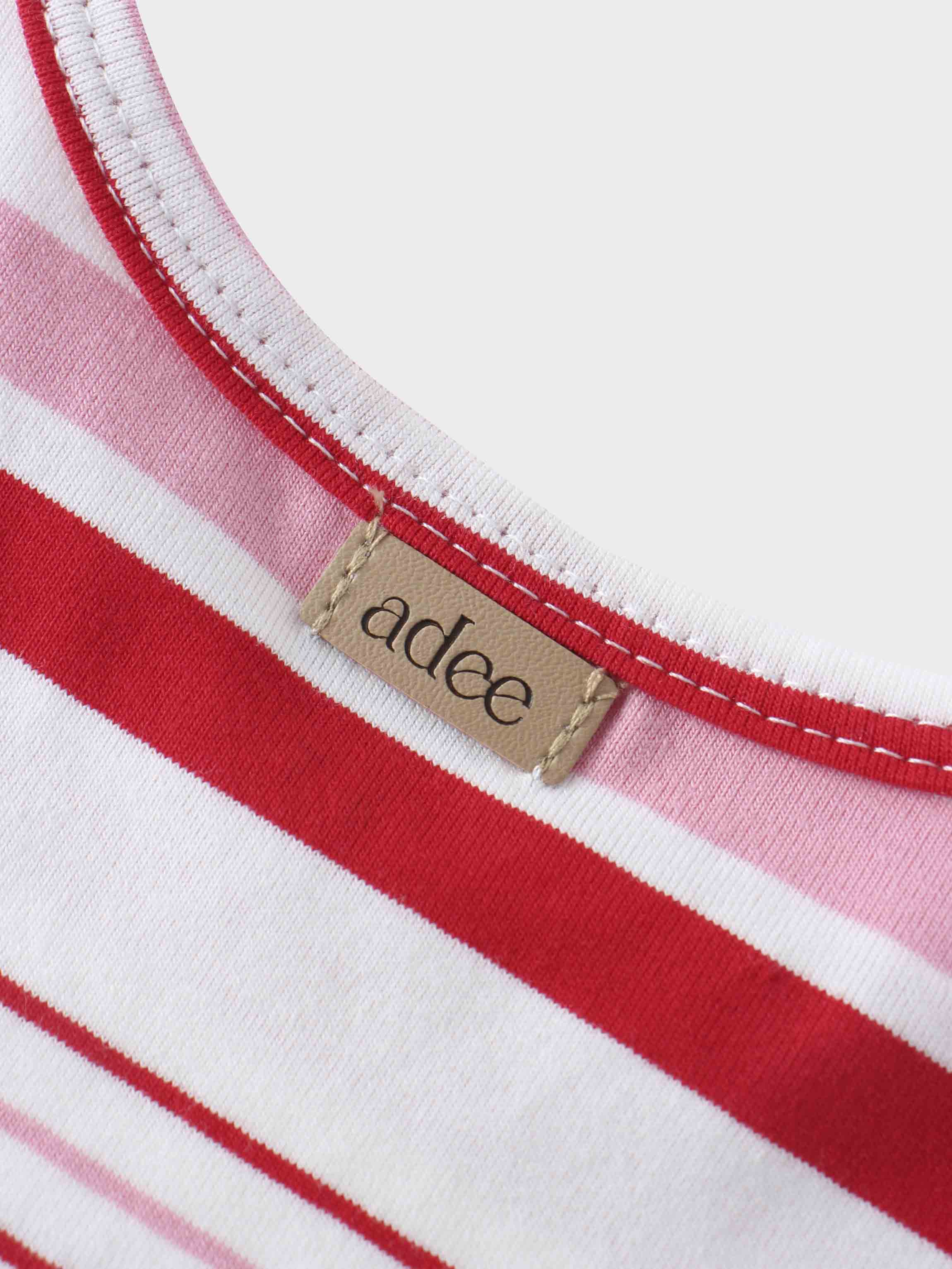 Pink and red striped girls shirt neckline