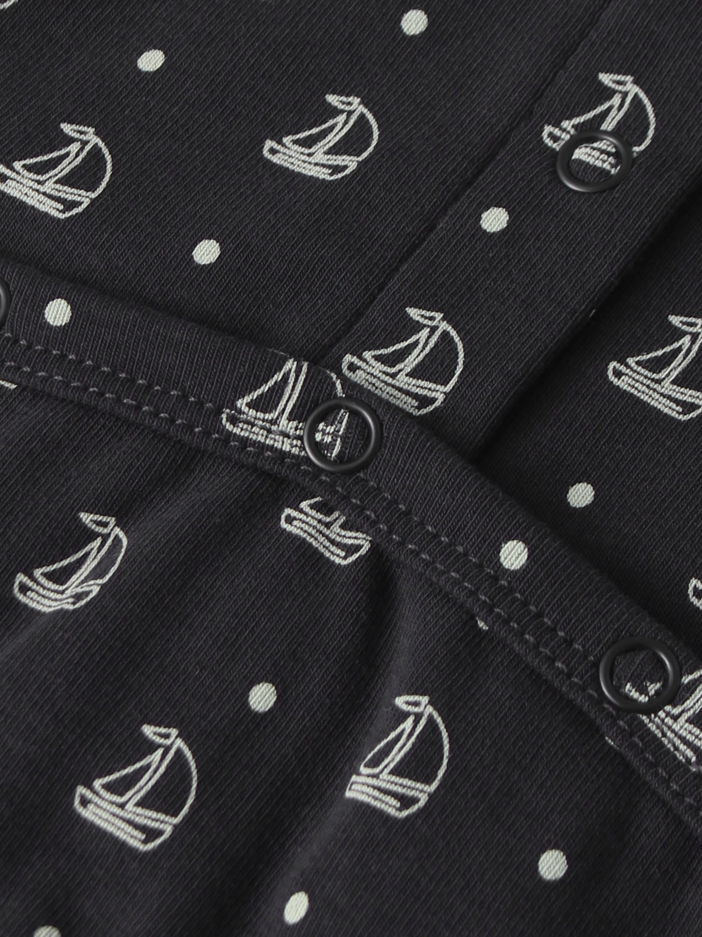 Harbor Dot Layette Set by Adee; navy fabric with white anchor and dot print for boys.