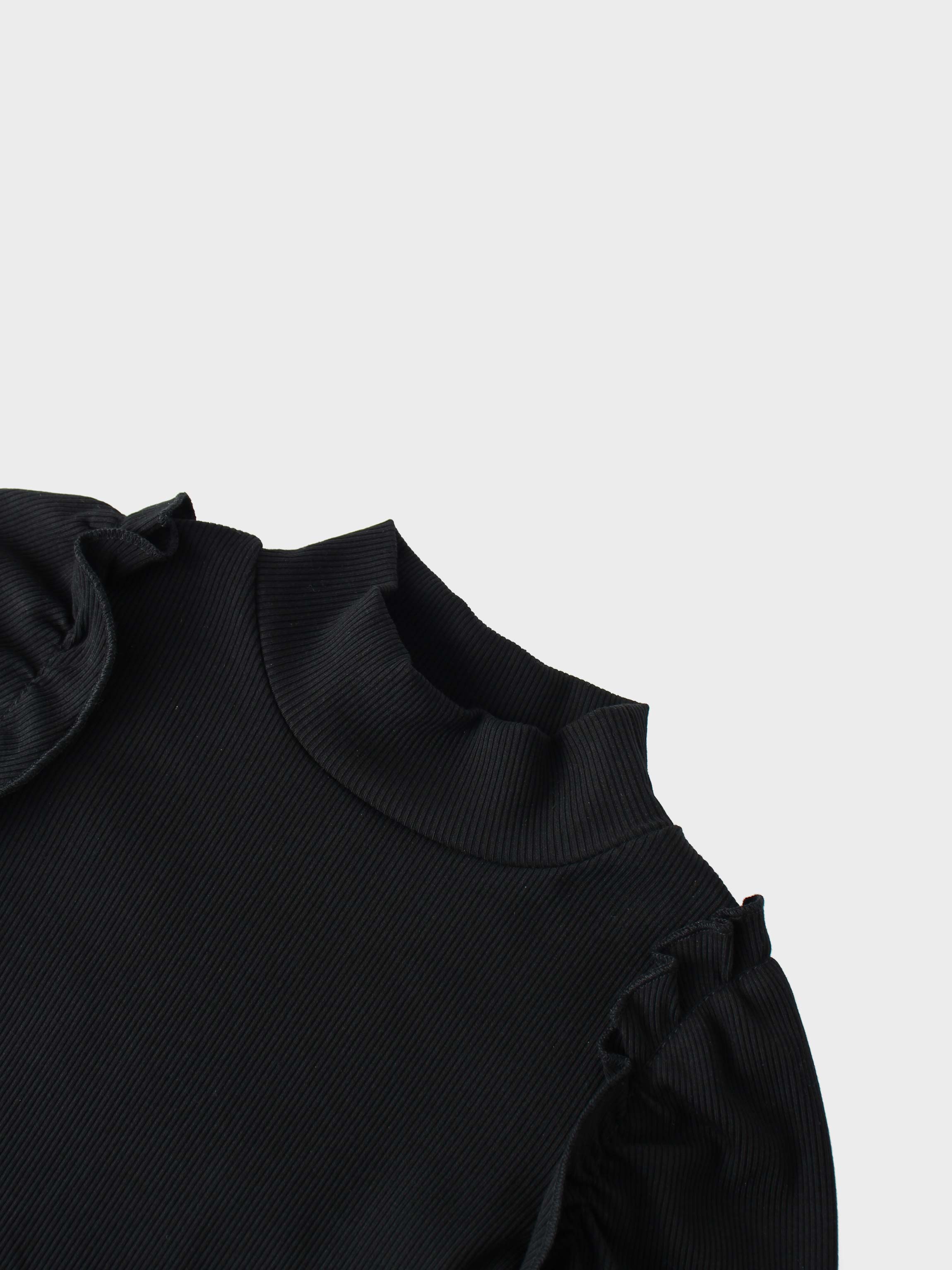 Ruffle Puff Sleeve Mock Neck Shirt - Black