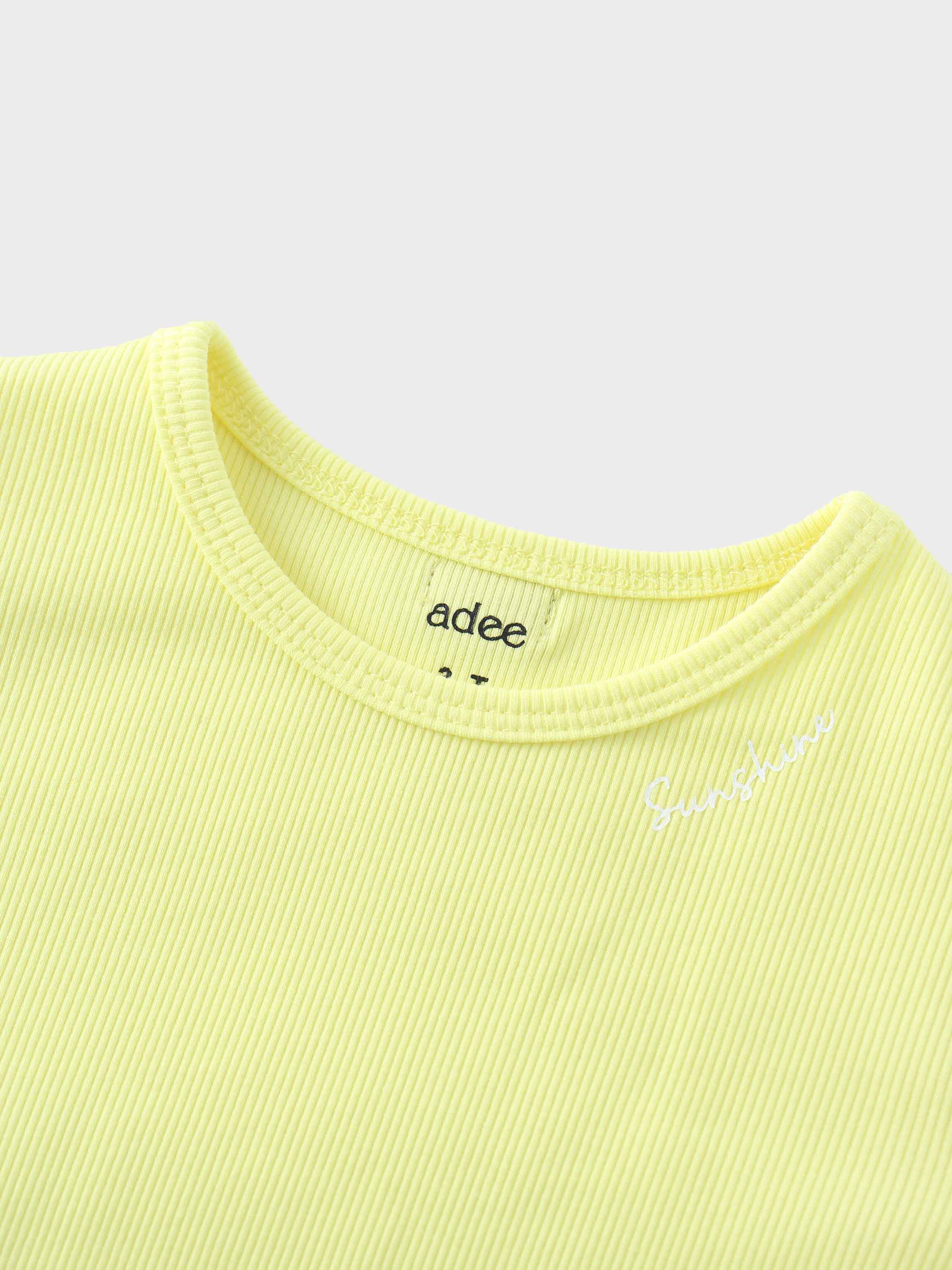 Yellow Ribbed Skirt with Short Bubble Sleeve Shirt