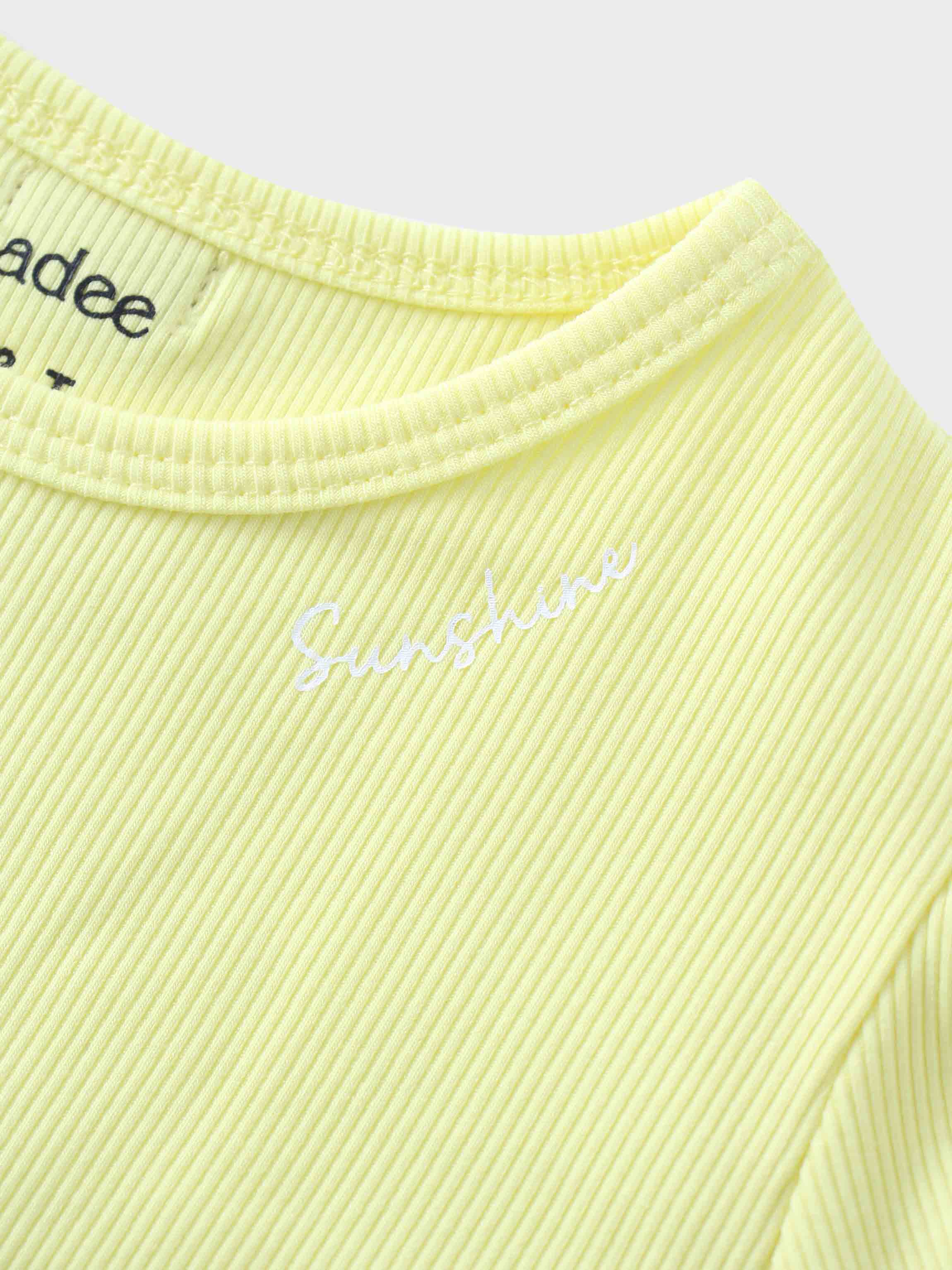 Yellow Ribbed Skirt with Short Bubble Sleeve Shirt