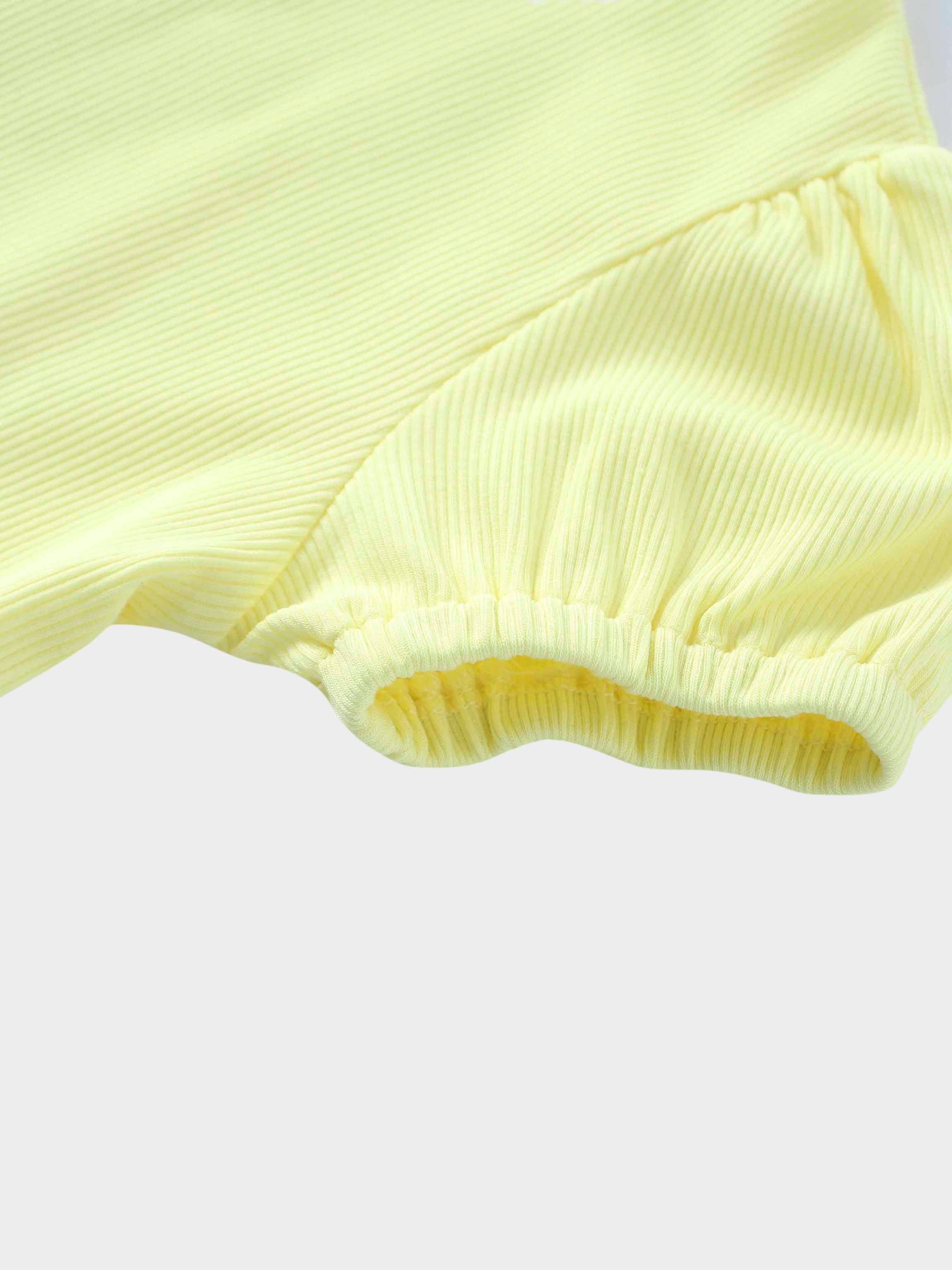 Yellow Ribbed Skirt with Short Bubble Sleeve Shirt