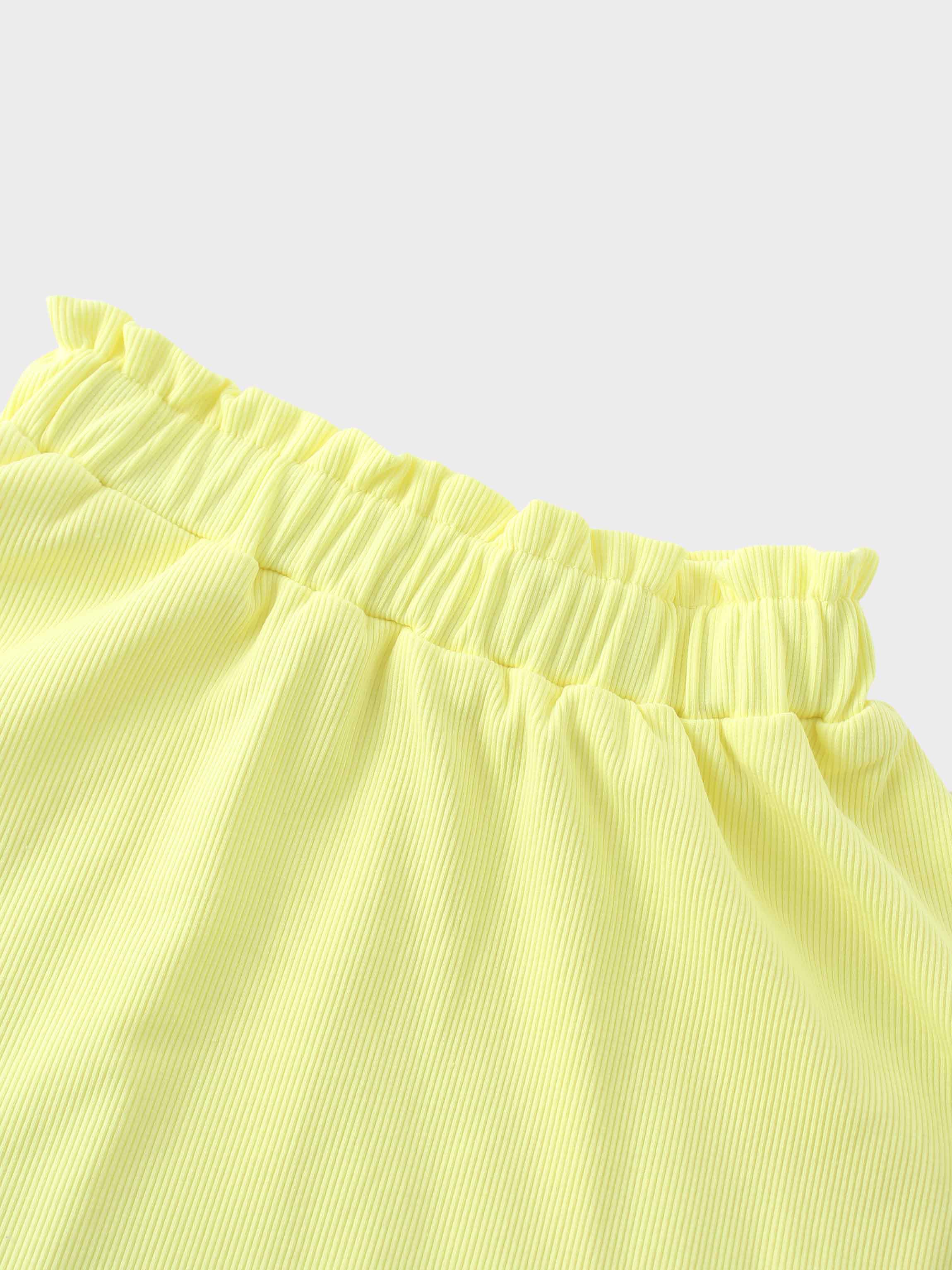 Yellow Ribbed Skirt with Short Bubble Sleeve Shirt