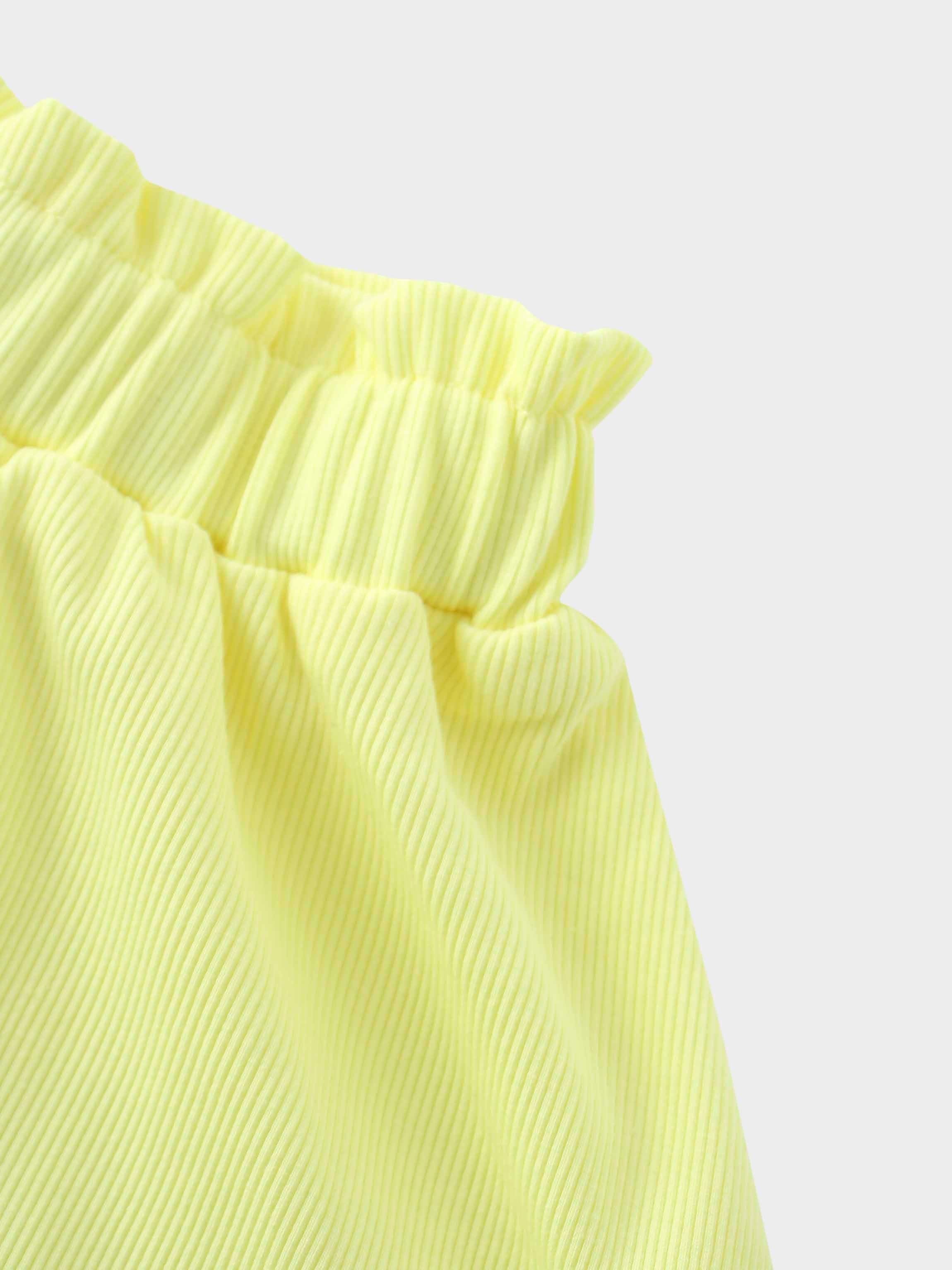 Yellow Ribbed Skirt with Short Bubble Sleeve Shirt