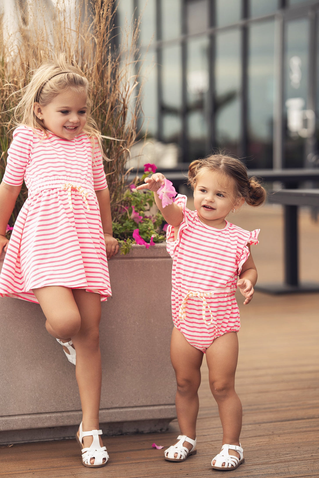 Neon Pink Striped Dress - 3/4 Sleeve