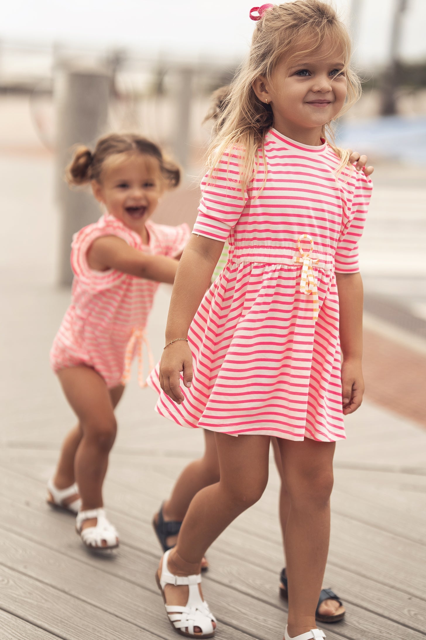 Neon Pink Striped Dress - 3/4 Sleeve