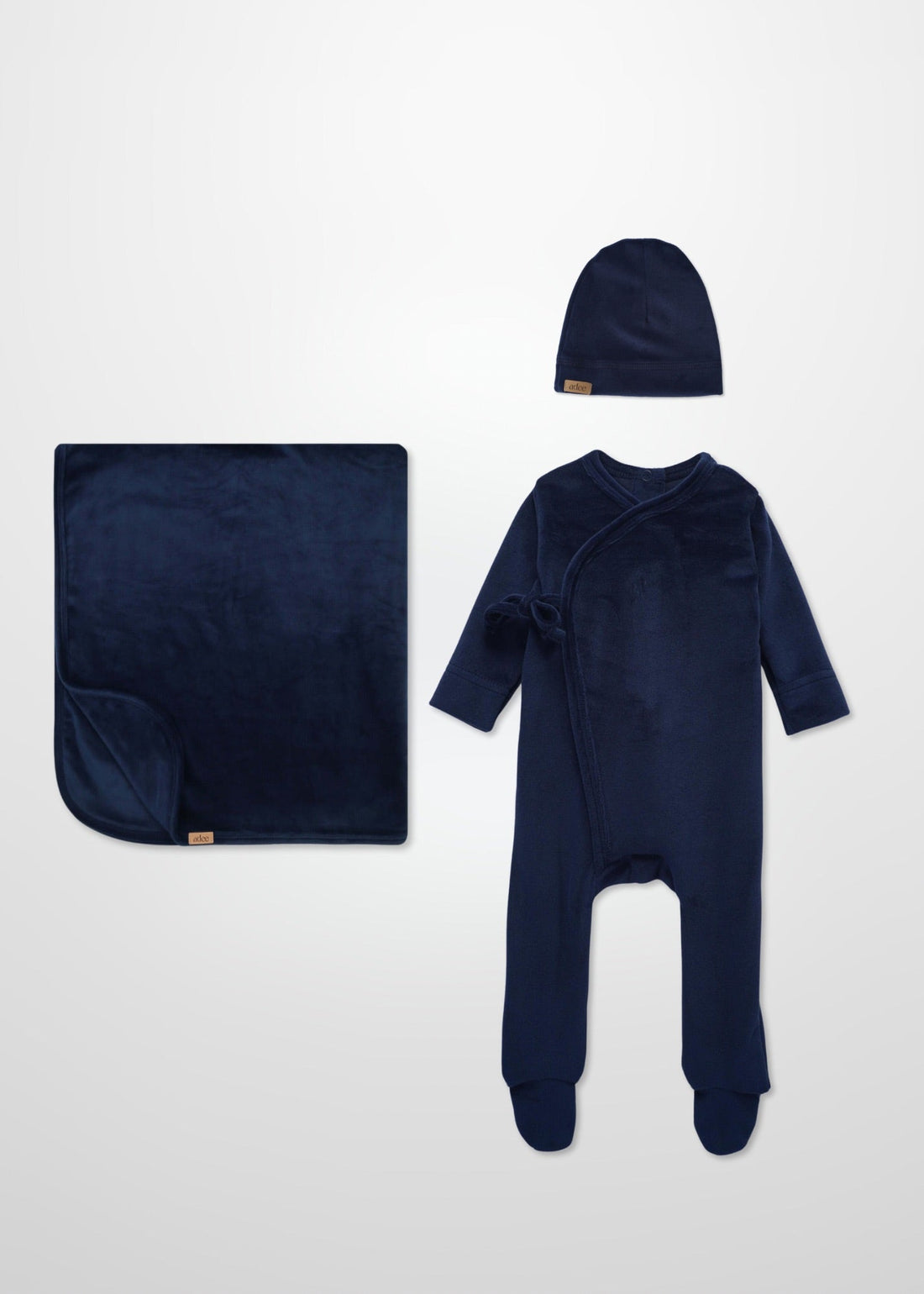 blue velour layette set for baby boys with beanie hat and blanket