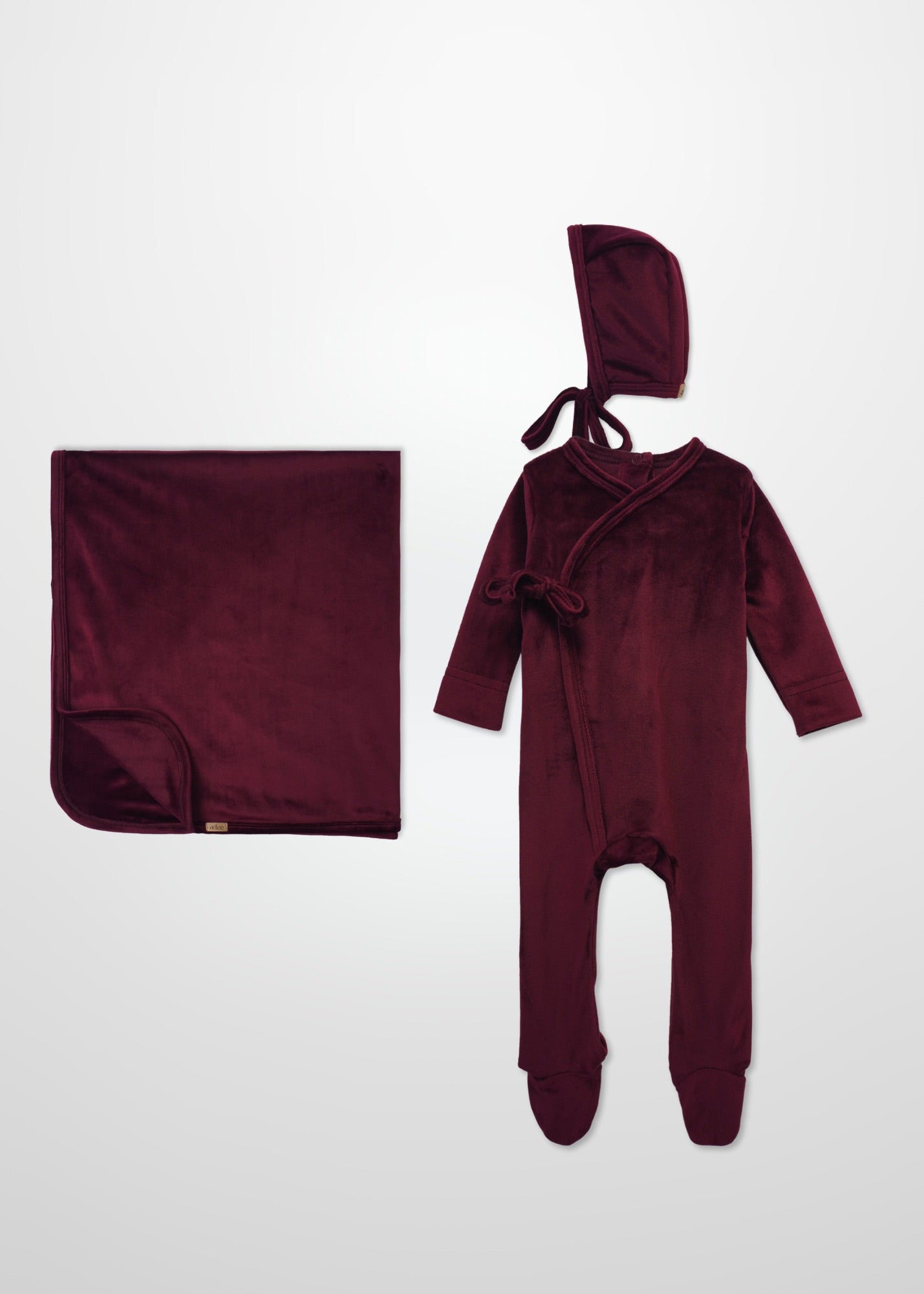 red velour layette set for baby girls with bonnet hat and blanket