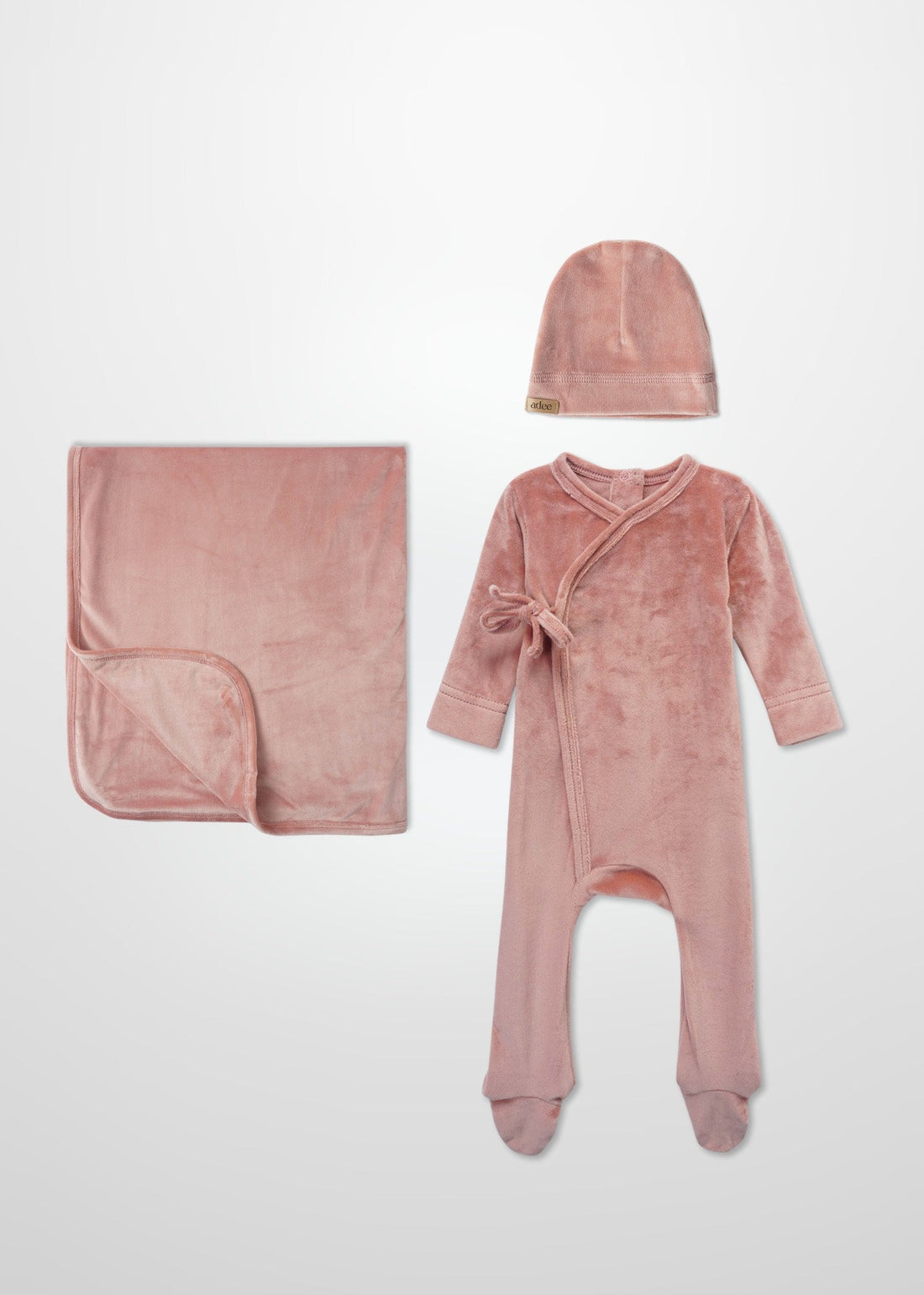 Adee Velour Crossover Pink layette set, 4-piece: hat, blanket, robe, and footed romper