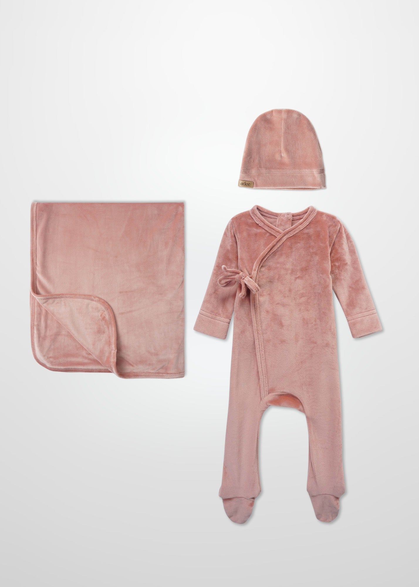 Adee Velour Crossover Pink layette set, 4-piece: hat, blanket, robe, and footed romper