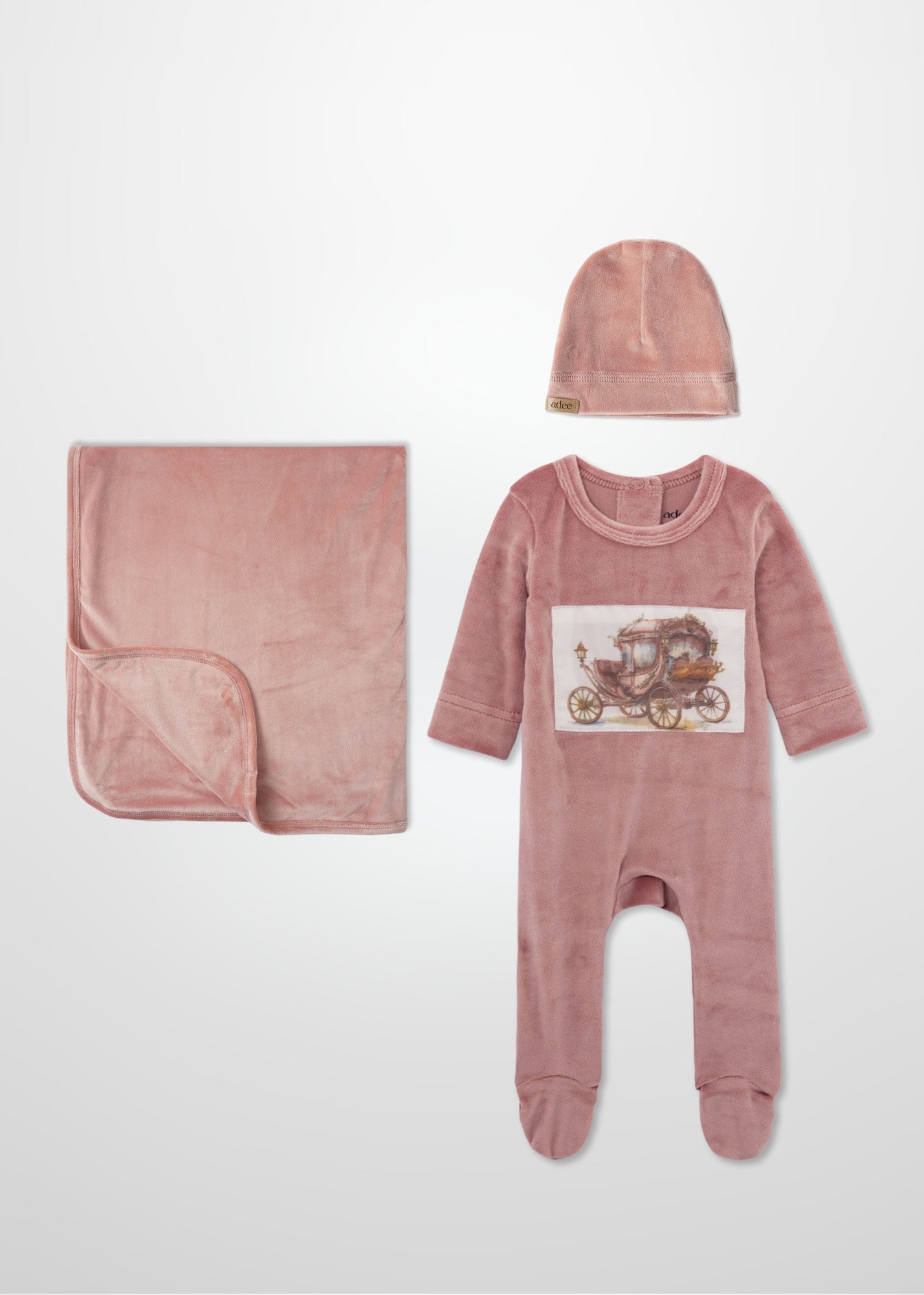 pink velour layette set for baby girls with beanie hat and blanket with a vintage carriage