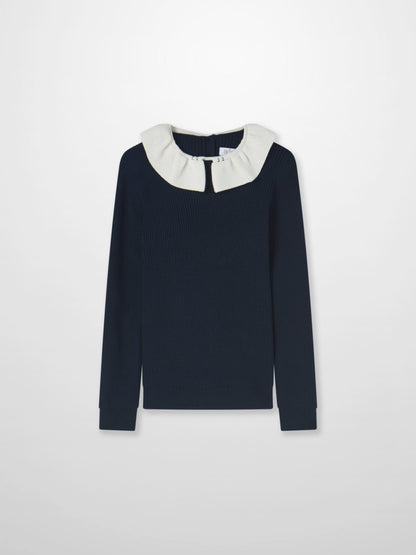 Ruffle Collar Knit Sweater - Navy by Adee; girls&