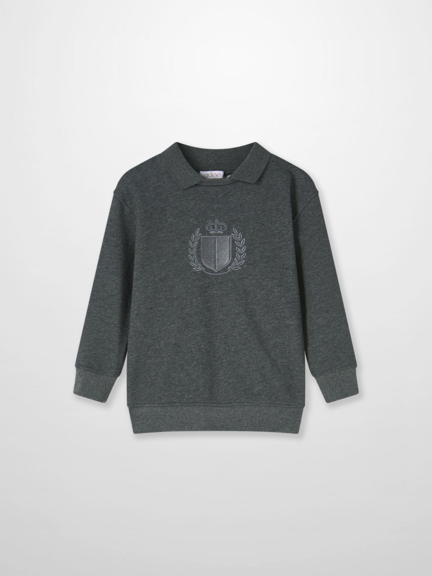 Windsor Sweatshirt by Adee; dark gray heather knit, unisex top with embroidered crest emblem.