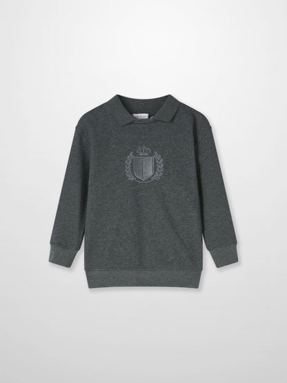 Windsor Sweatshirt by Adee; dark gray heather knit, unisex top with embroidered crest emblem.