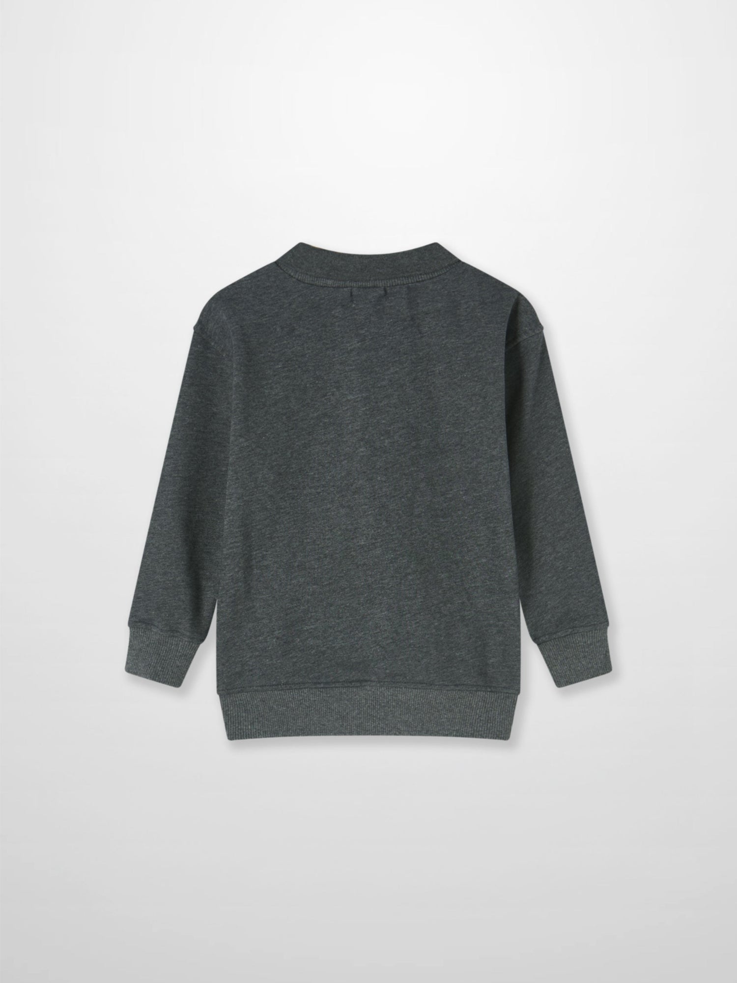 Windsor Sweatshirt, dark heather gray unisex top, back view with ribbed cuffs and hem.