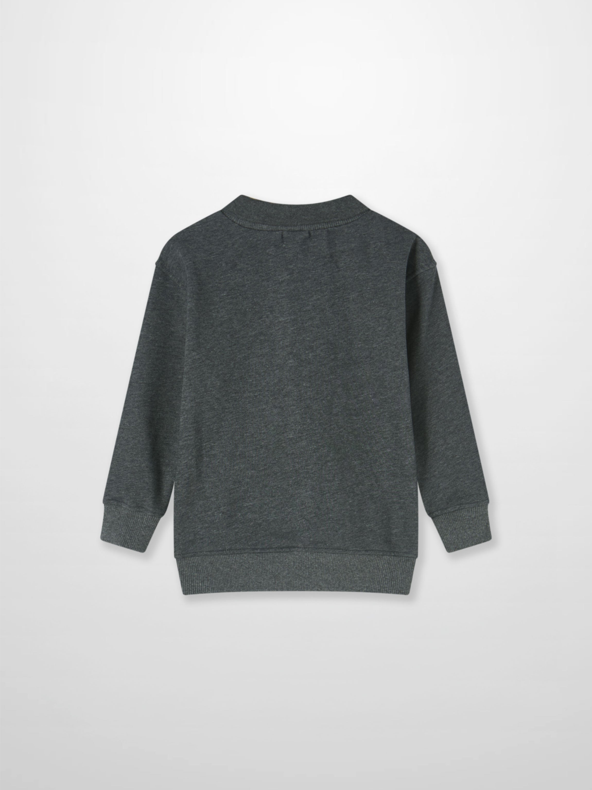 Windsor Sweatshirt, dark heather gray unisex top, back view with ribbed cuffs and hem.