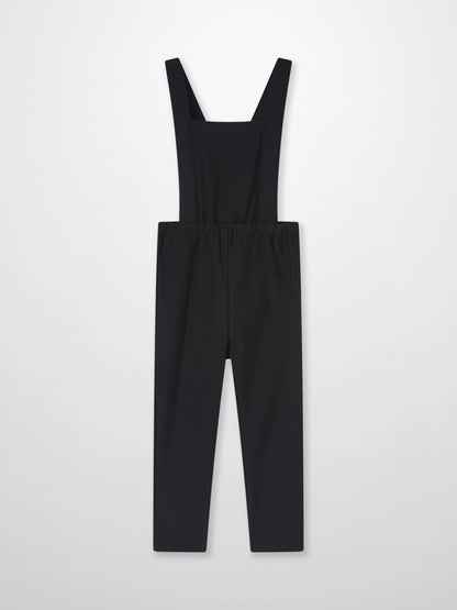 Adee black denim overalls with wide shoulder straps and bib, unisex.