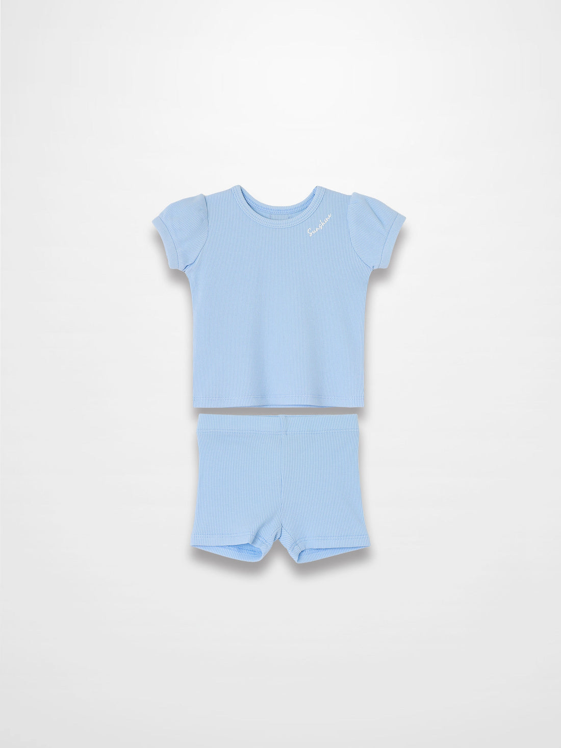 Ribbed Short Puff Sleeve T-shirt &amp; Shorts Set - Light Blue
