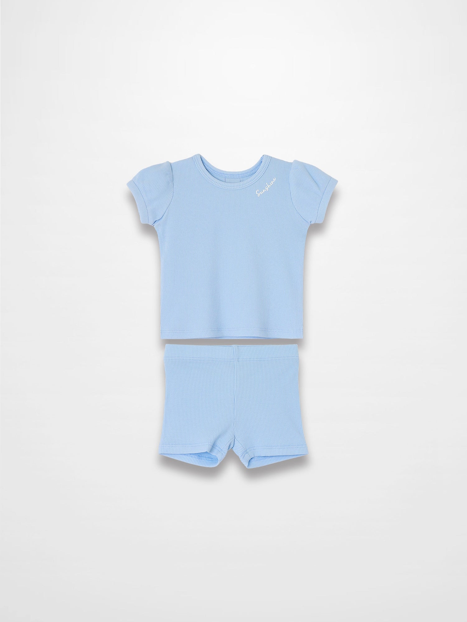 Ribbed Short Puff Sleeve T-shirt &amp; Shorts Set - Light Blue