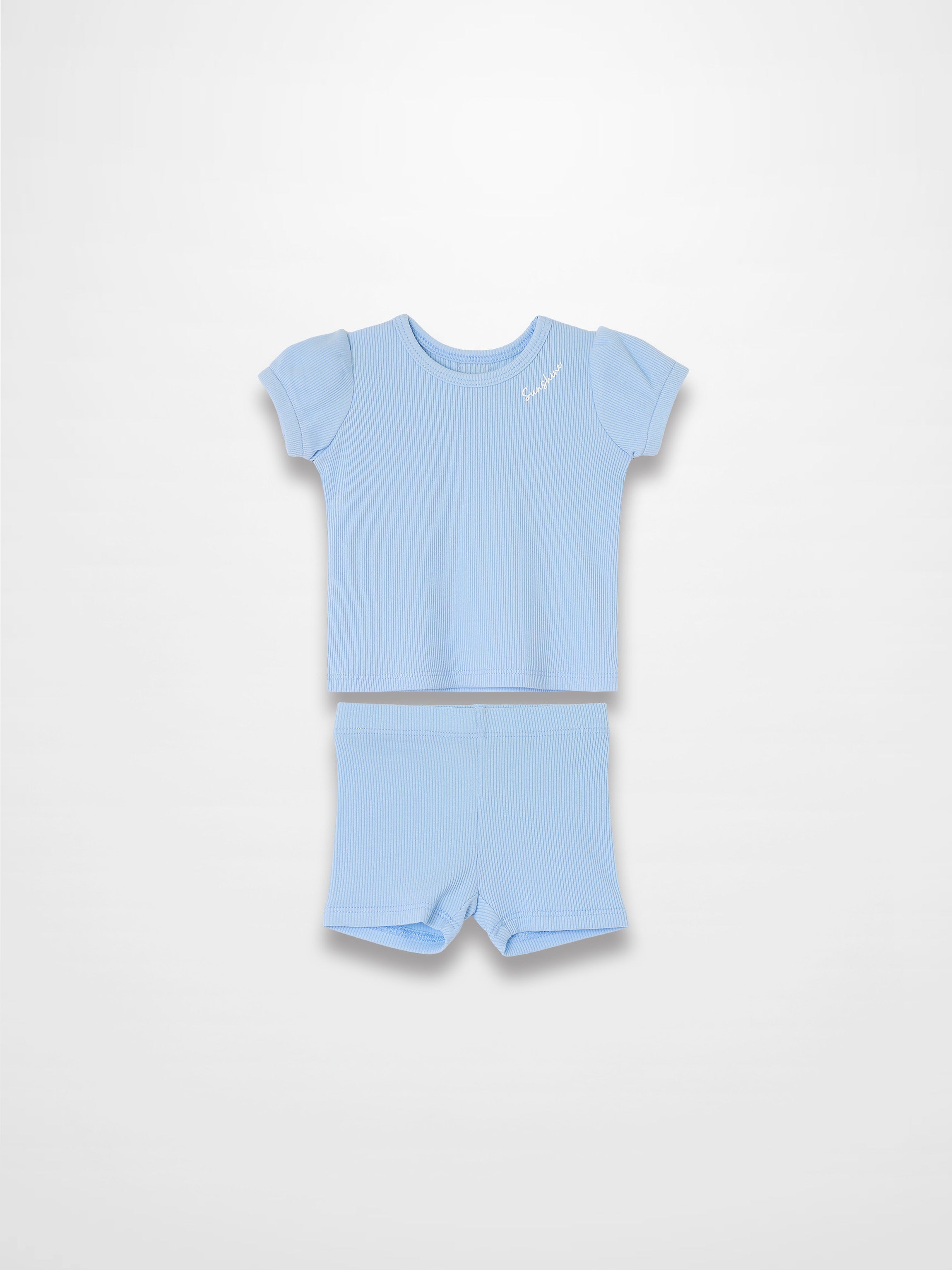 Ribbed Short Puff Sleeve T-shirt &amp; Shorts Set - Light Blue