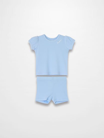 Ribbed Short Puff Sleeve T-shirt &amp; Shorts Set - Light Blue