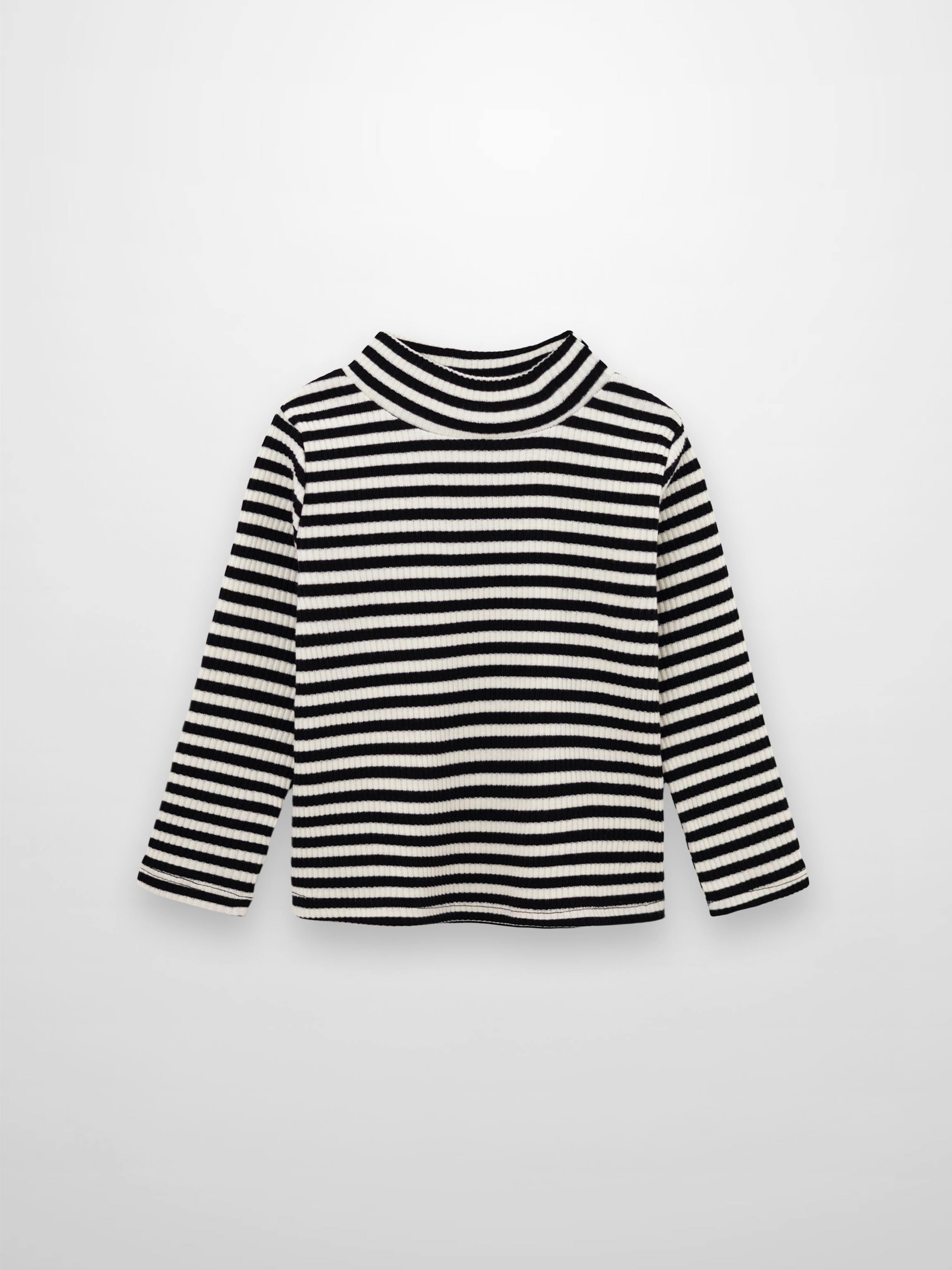 Striped Mock Neck T-Shirt - Black &amp; White