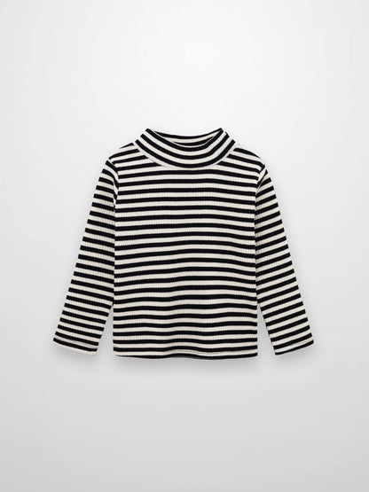 Striped Mock Neck T-Shirt - Black &amp; White