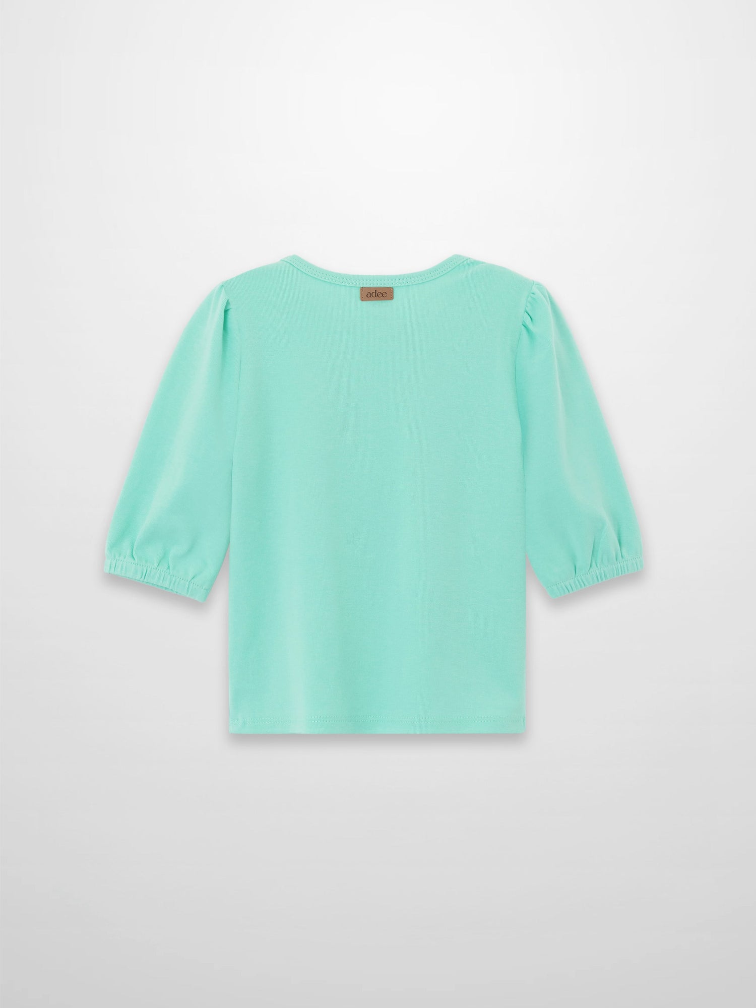Mint green 3/4 puff sleeve T-shirt, back view with gathered elastic cuffs and neck tag.