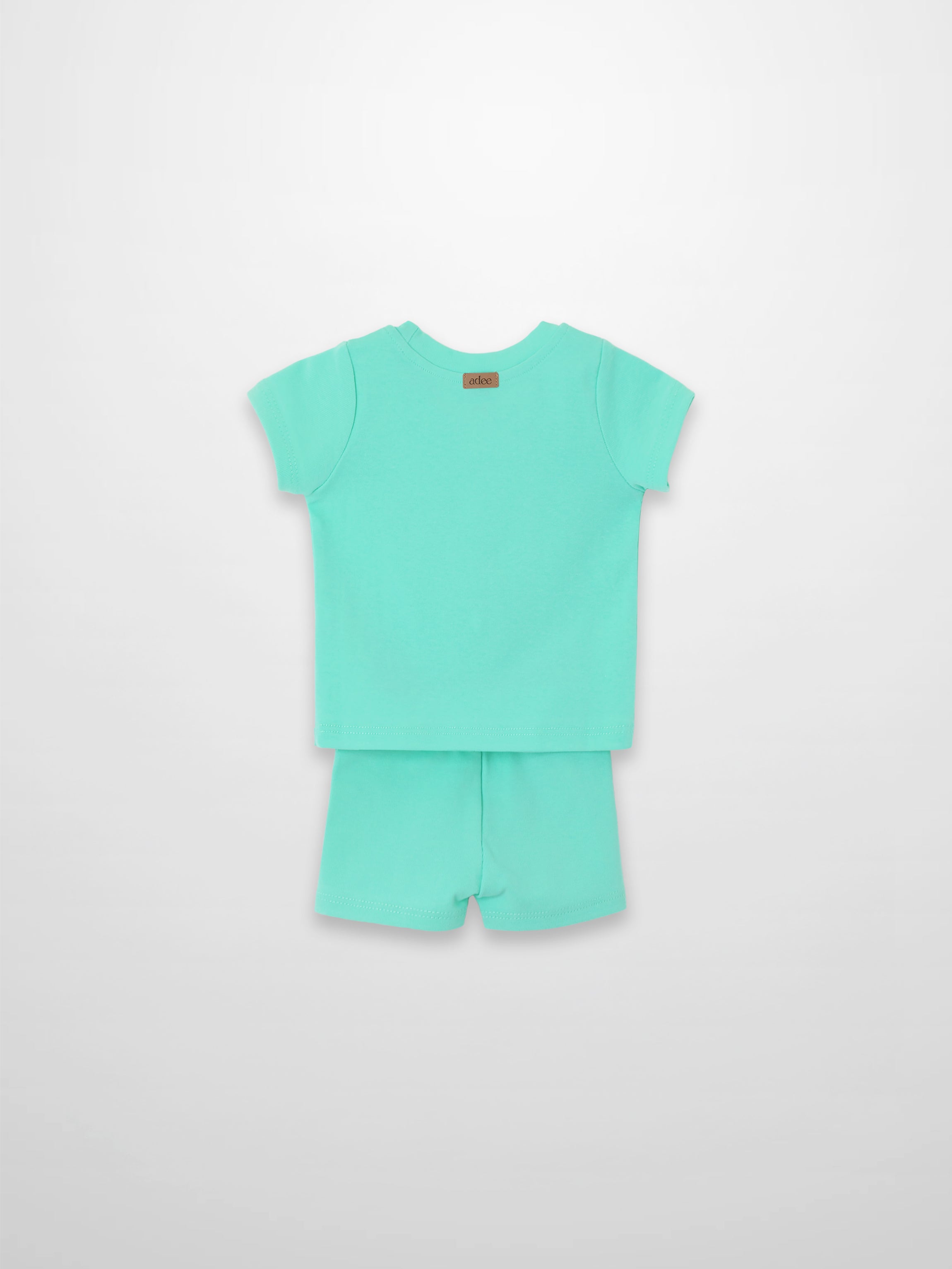 Mint green short-sleeve boxy T-shirt and shorts set, back view.