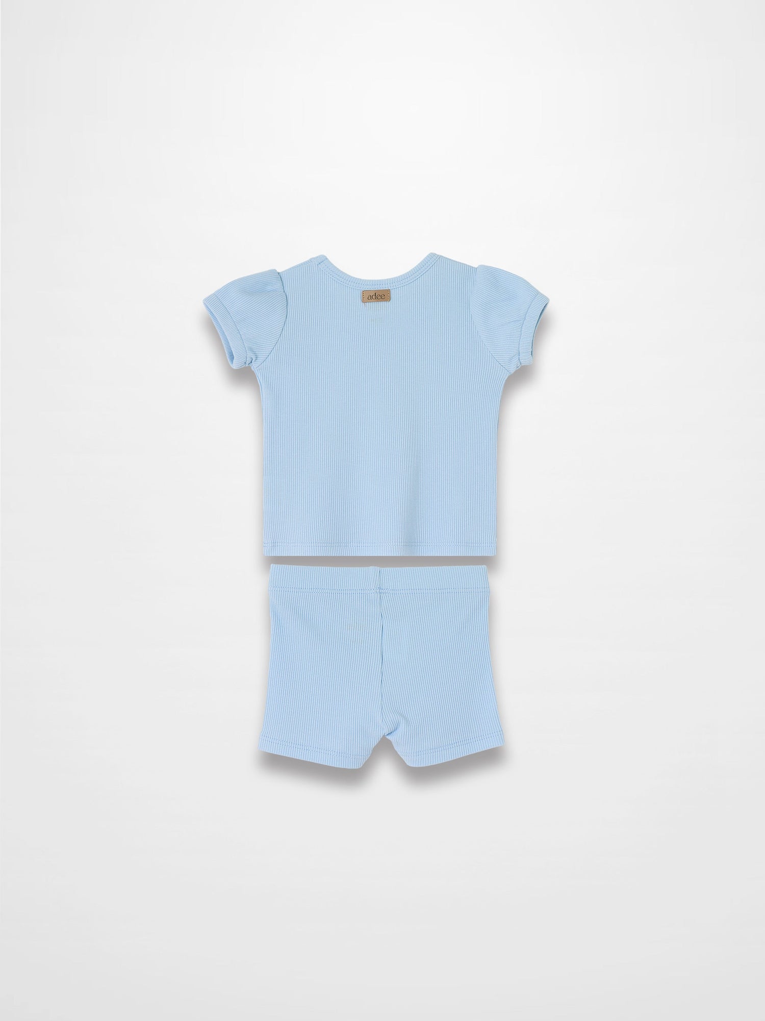 Ribbed Short Puff Sleeve T-shirt &amp; Shorts Set - Light Blue