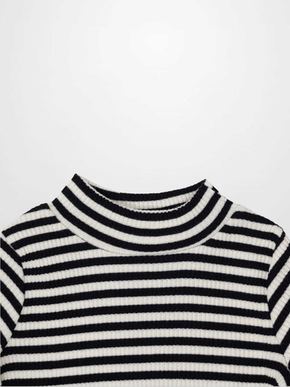 Striped Mock Neck T-Shirt - Black &amp; White