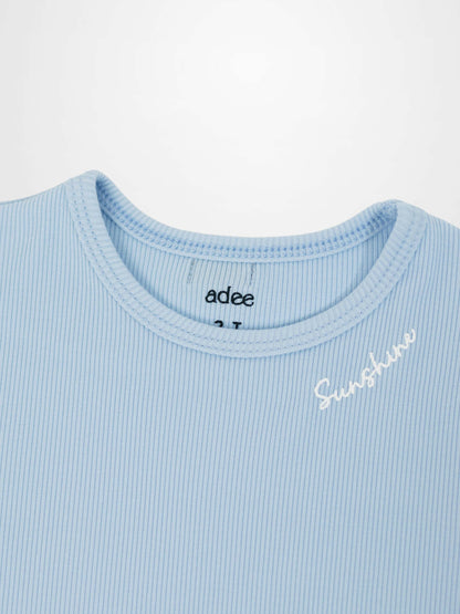 Ribbed Short Puff Sleeve T-shirt &amp; Shorts Set - Light Blue