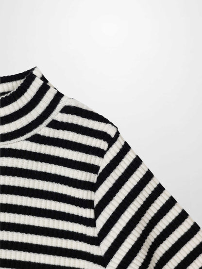 Striped Mock Neck T-Shirt - Black &amp; White