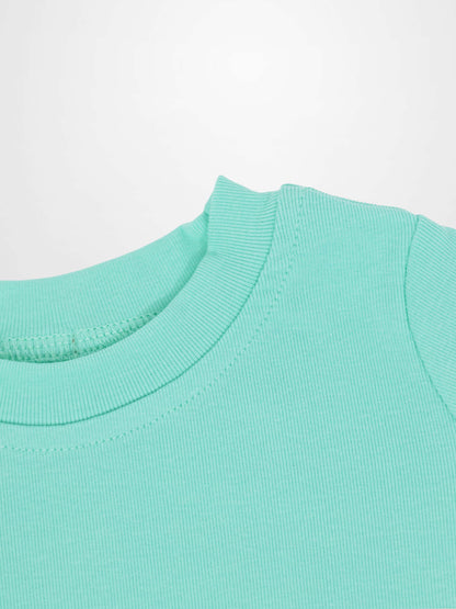 Mint green short sleeve boxy T-shirt neckline close-up.