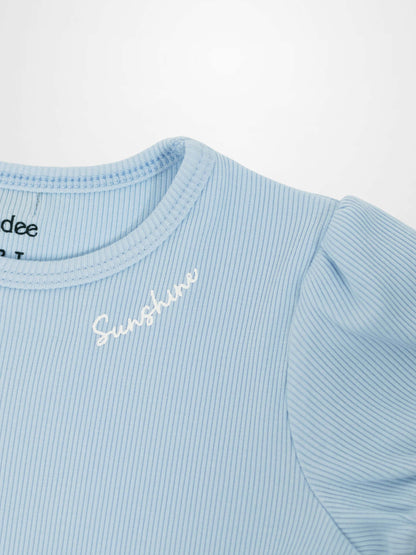 Ribbed Short Puff Sleeve T-shirt &amp; Shorts Set - Light Blue