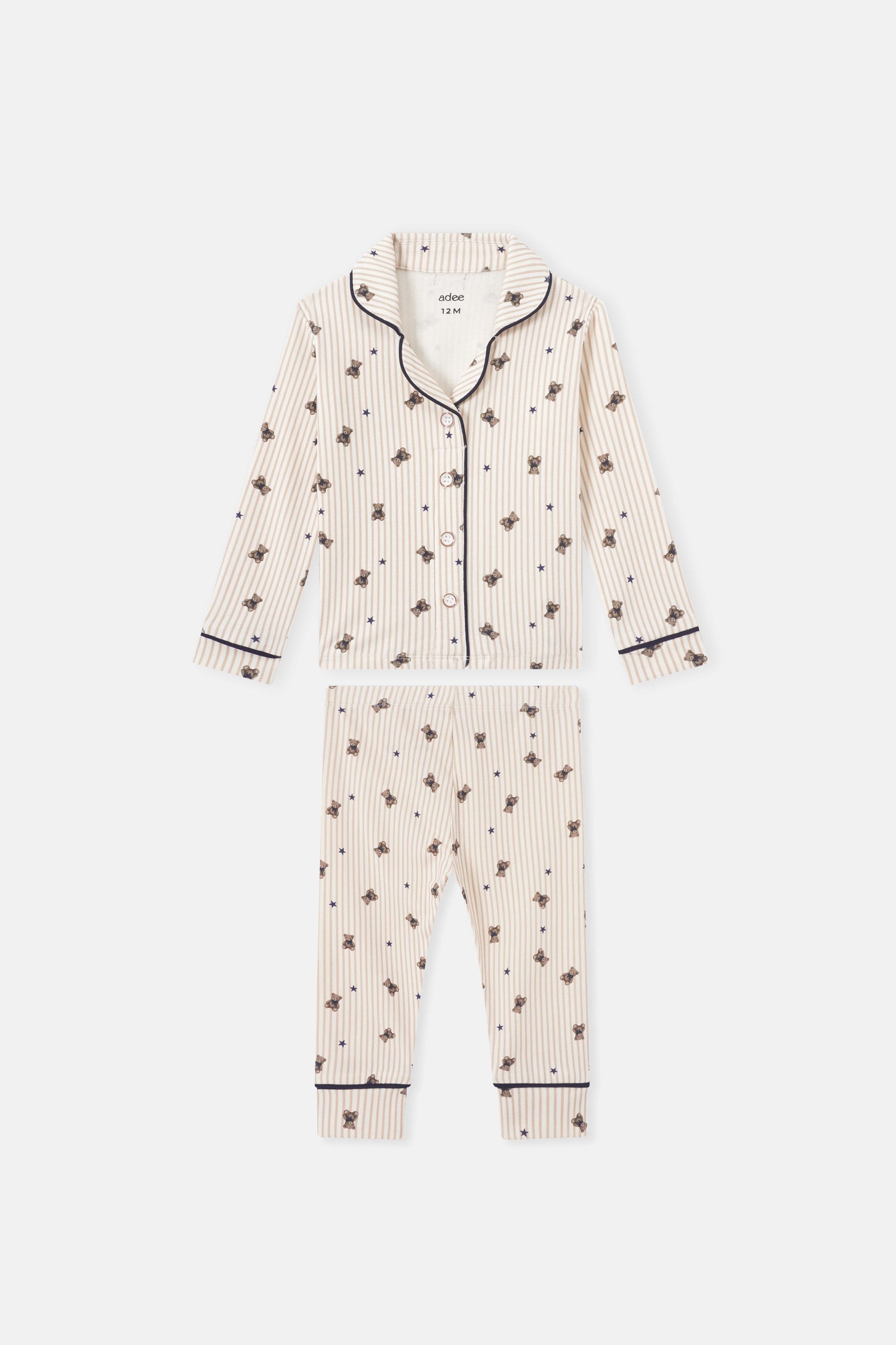 Adee Striped Bear Pajamas for boys; cream beige with navy piping and bear print set (top + bottoms).