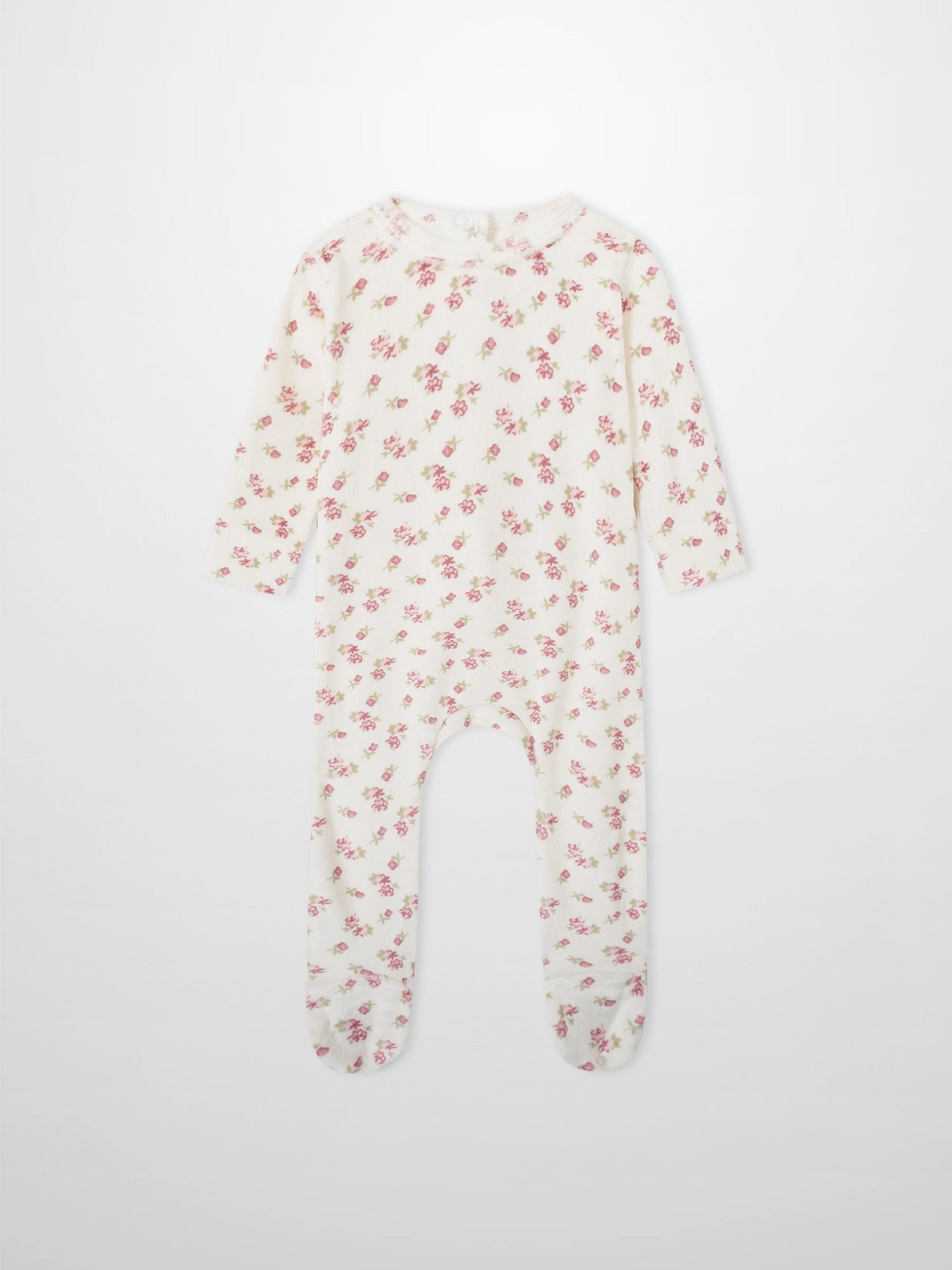 Tiny Blossom layette set sleeper, cream fabric with pink floral print, long-sleeve and footed.