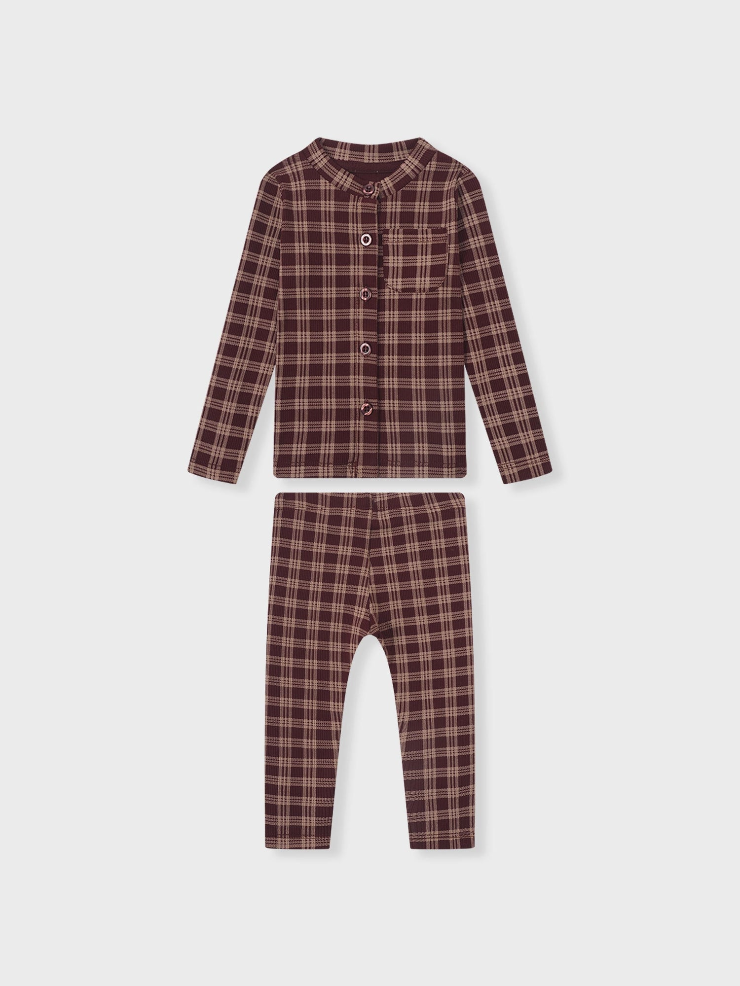Girls two-piece plaid burgundy pajamas set by Adee with button-front top and matching pants